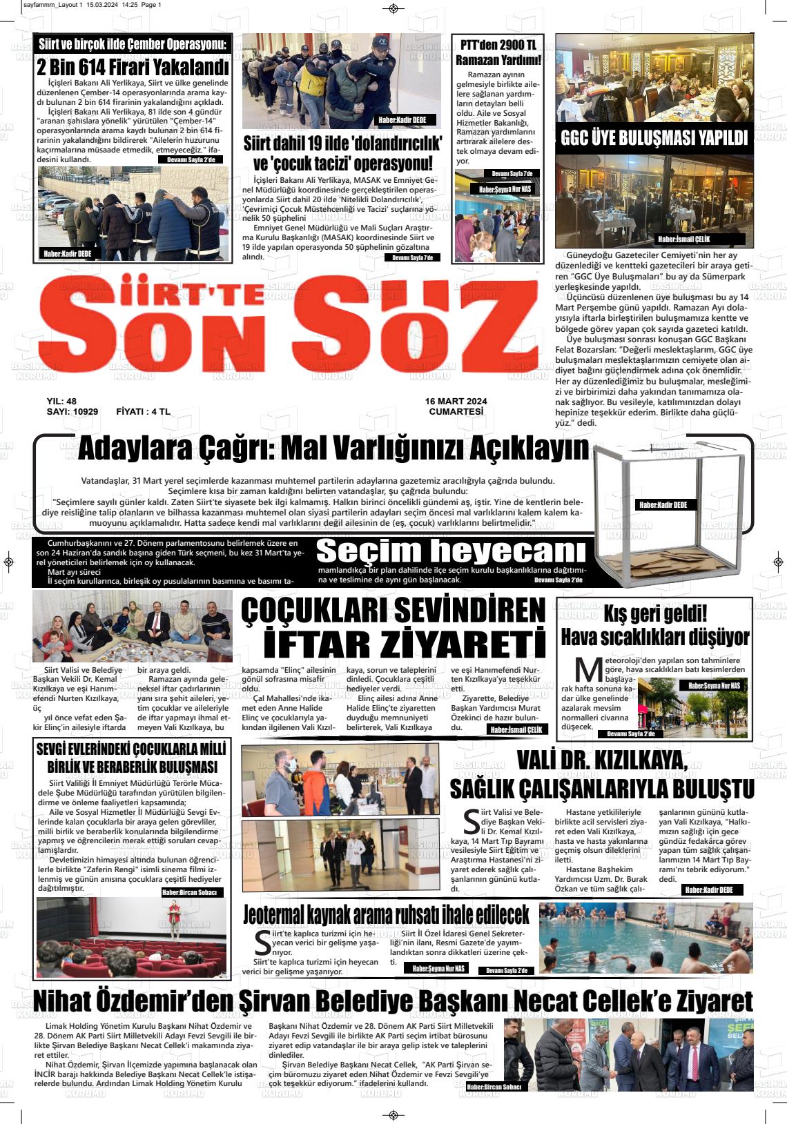 16 Mart 2024 Siirt'te Sonsöz Gazete Manşeti