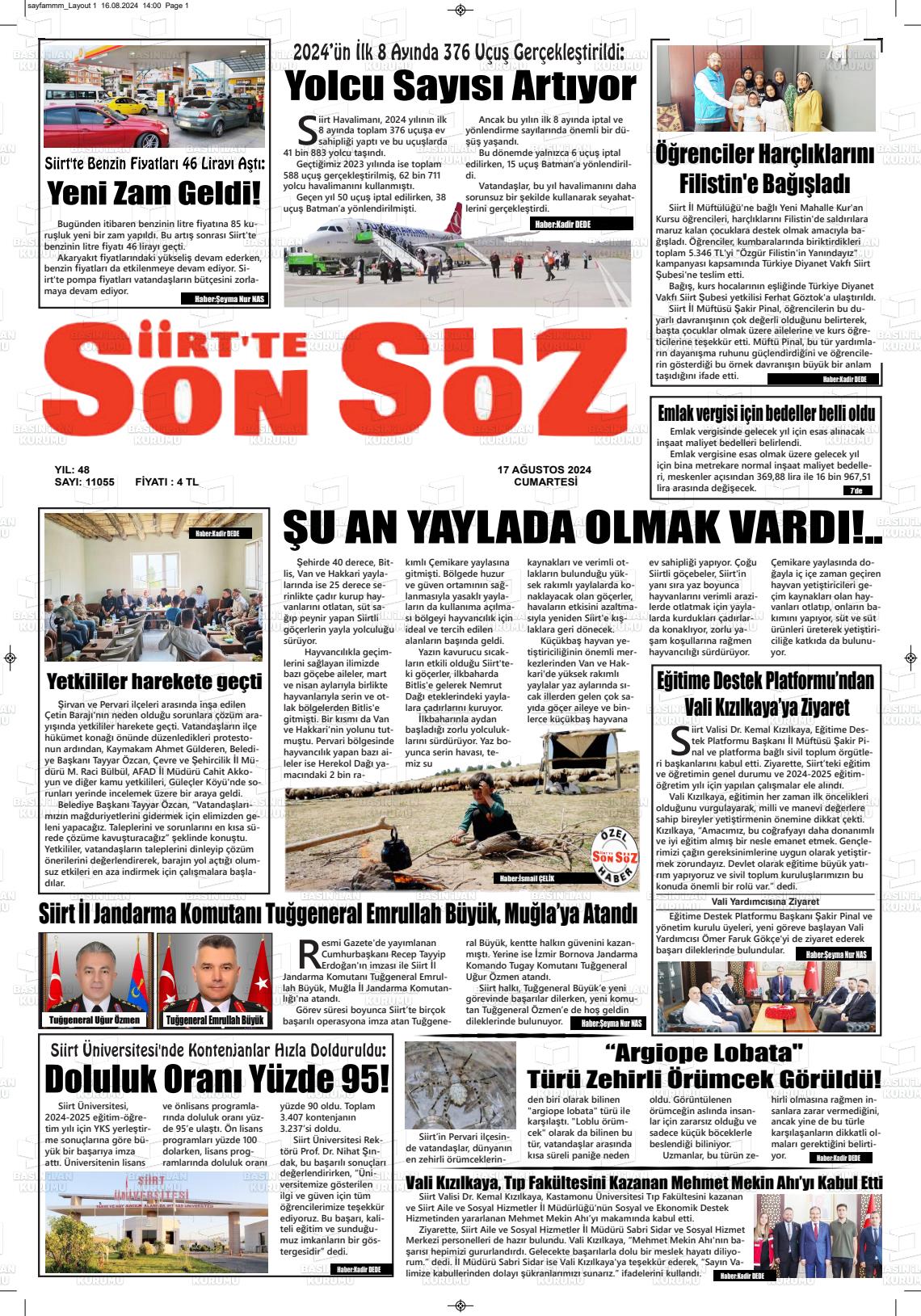 17 Ağustos 2024 Siirt'te Sonsöz Gazete Manşeti