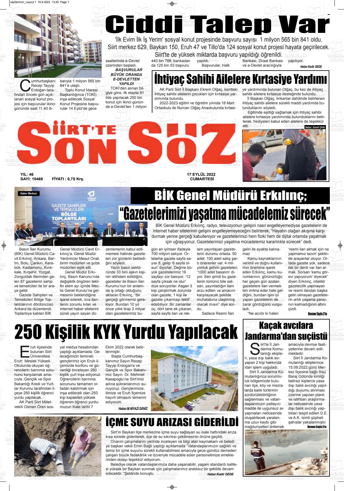 17 Eylül 2022 Siirt'te Sonsöz Gazete Manşeti