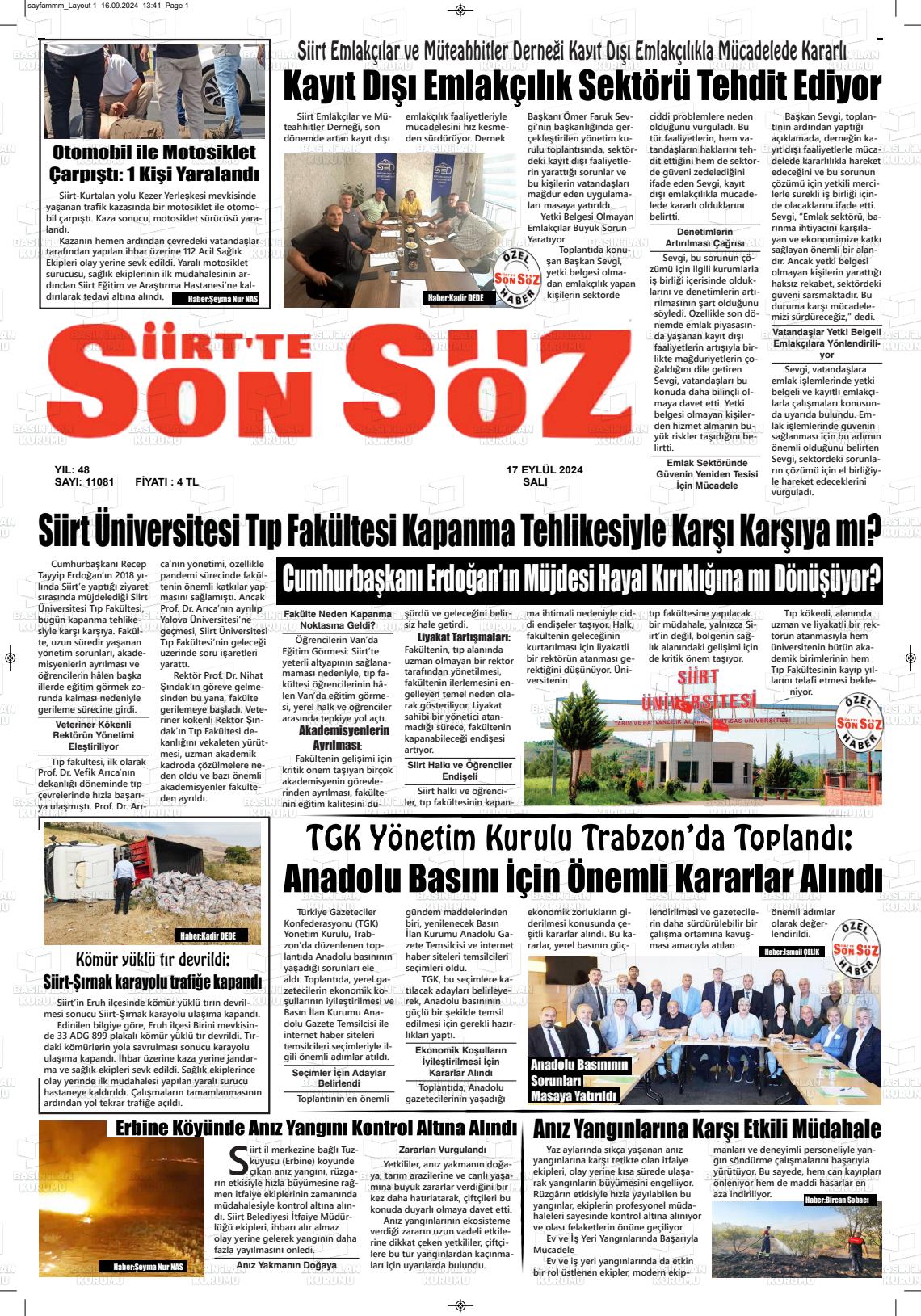 17 Eylül 2024 Siirt'te Sonsöz Gazete Manşeti