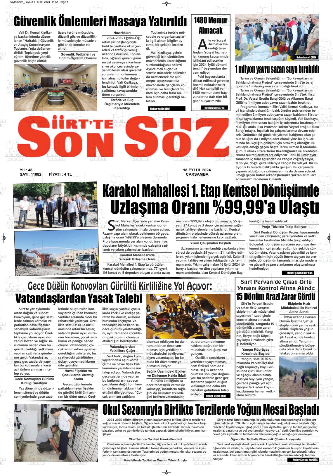 18 Eylül 2024 Siirt'te Sonsöz Gazete Manşeti