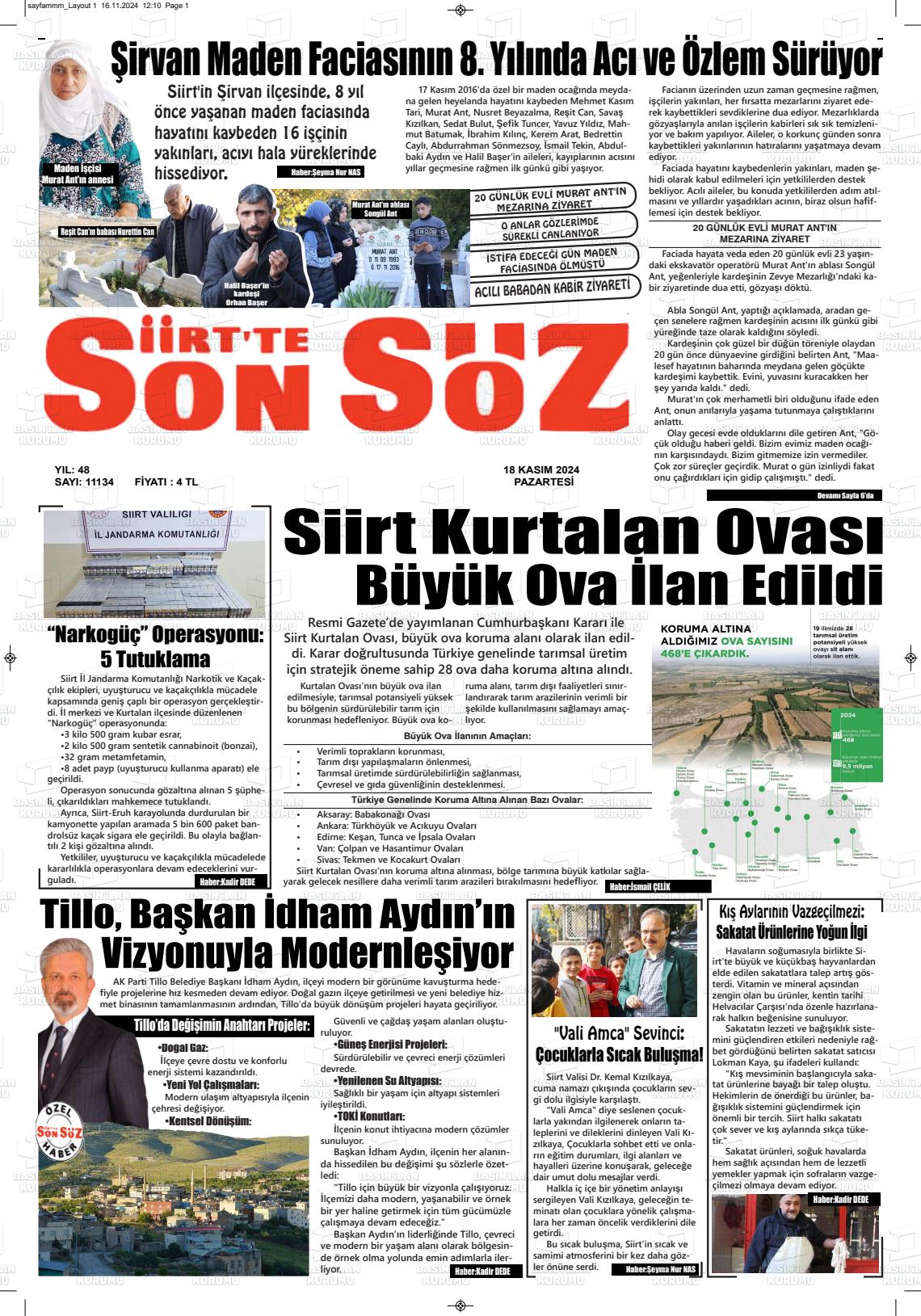 18 Kasım 2024 Siirt'te Sonsöz Gazete Manşeti