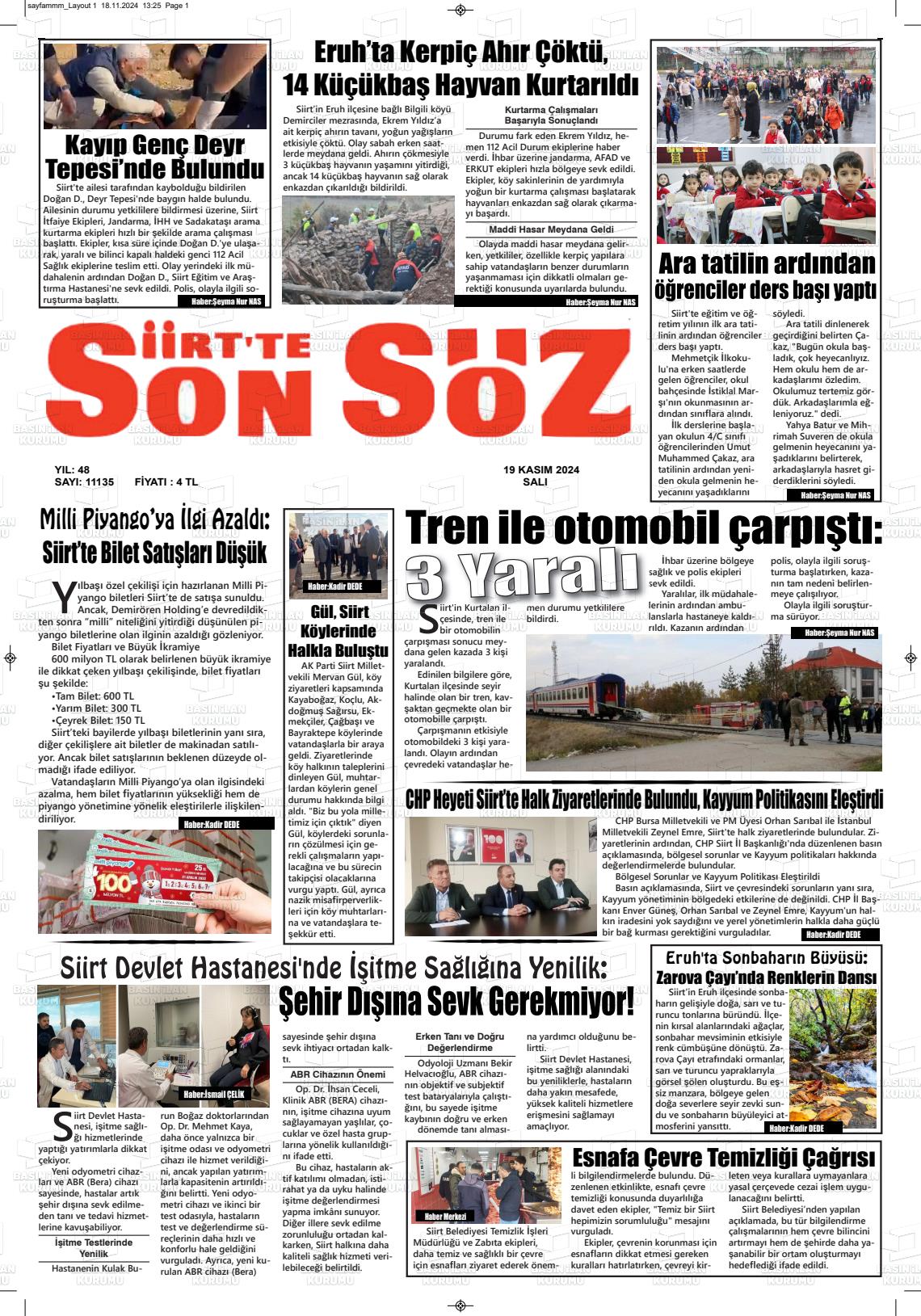 19 Kasım 2024 Siirt'te Sonsöz Gazete Manşeti