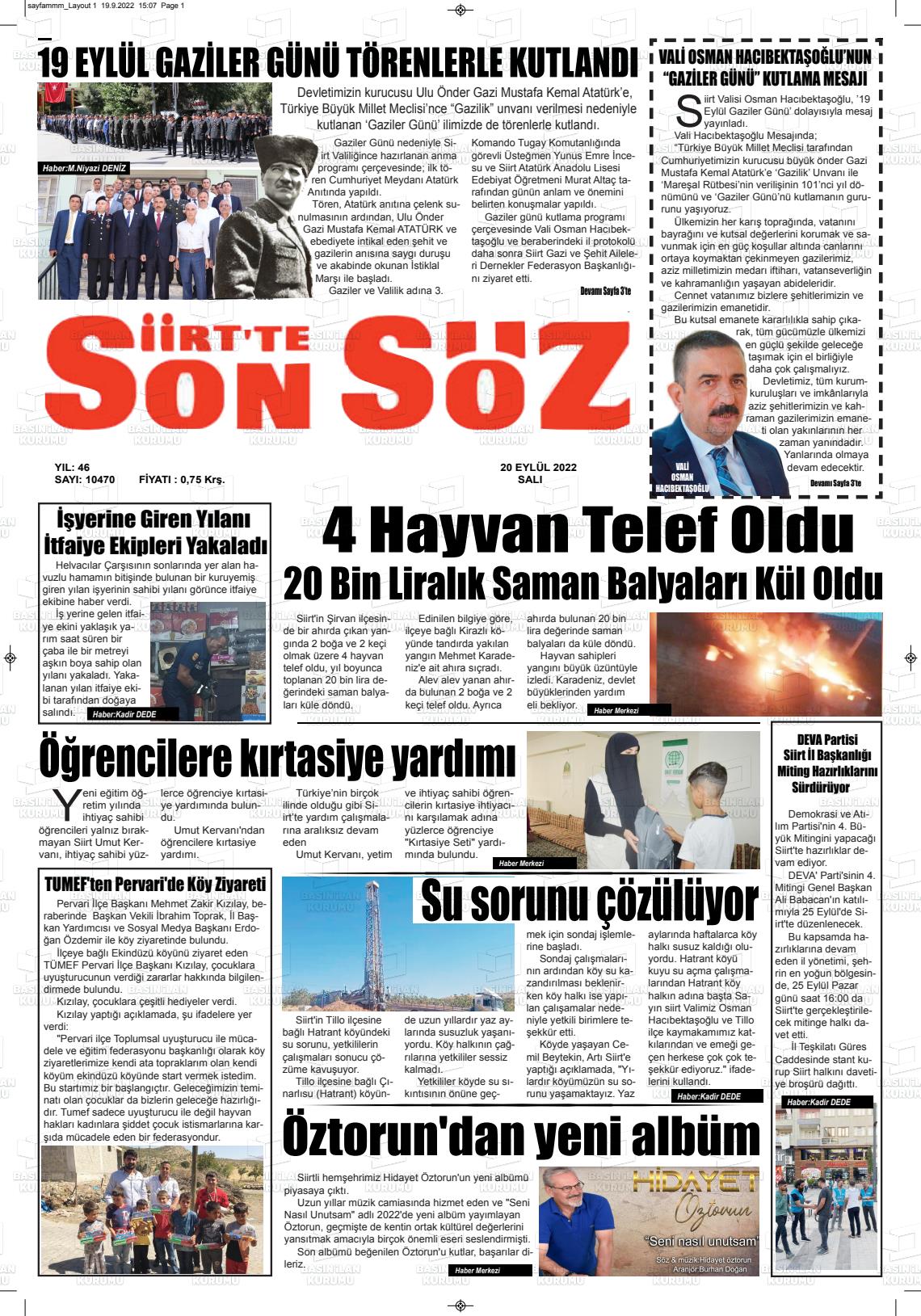 20 Eylül 2022 Siirt'te Sonsöz Gazete Manşeti