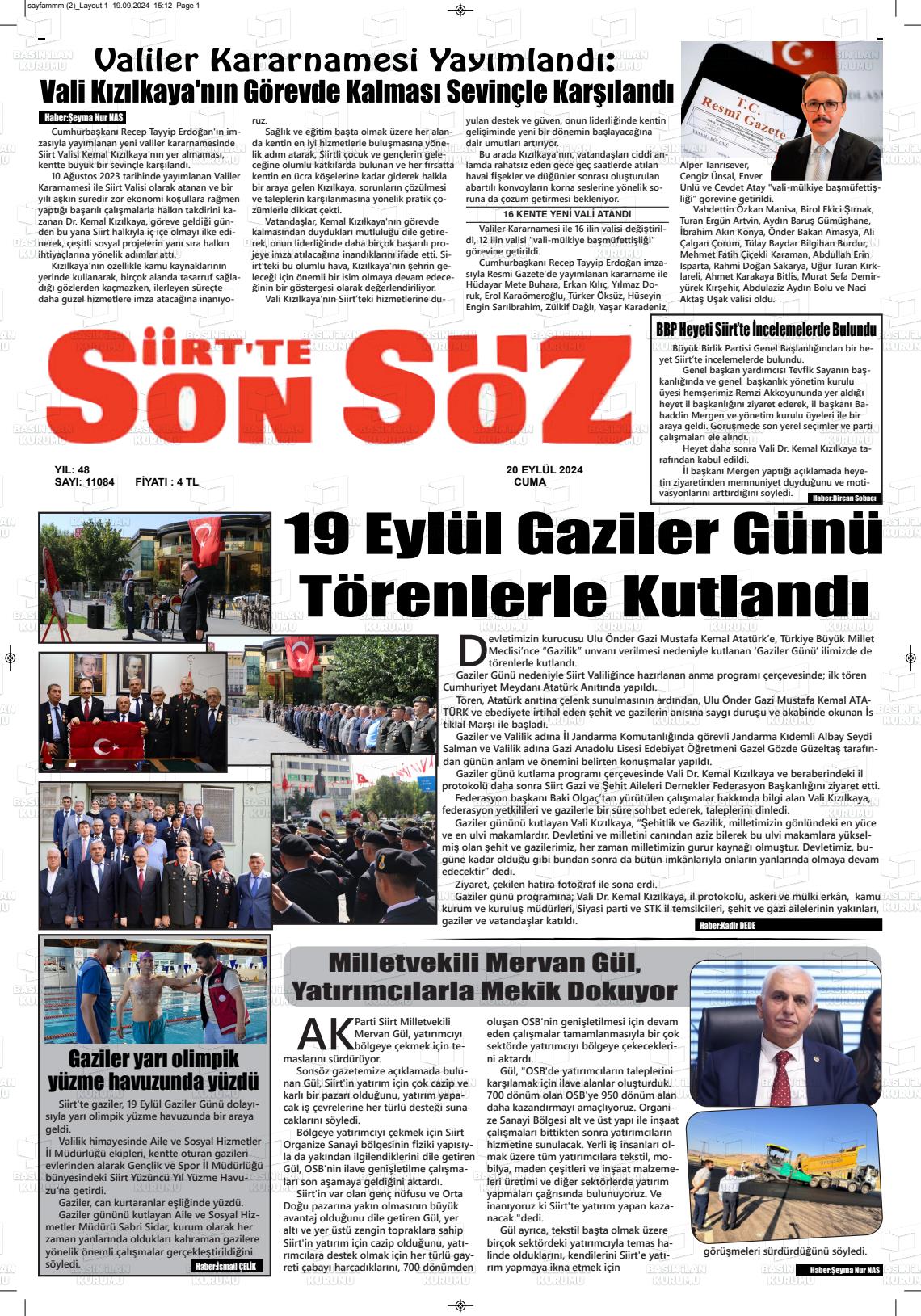 20 Eylül 2024 Siirt'te Sonsöz Gazete Manşeti