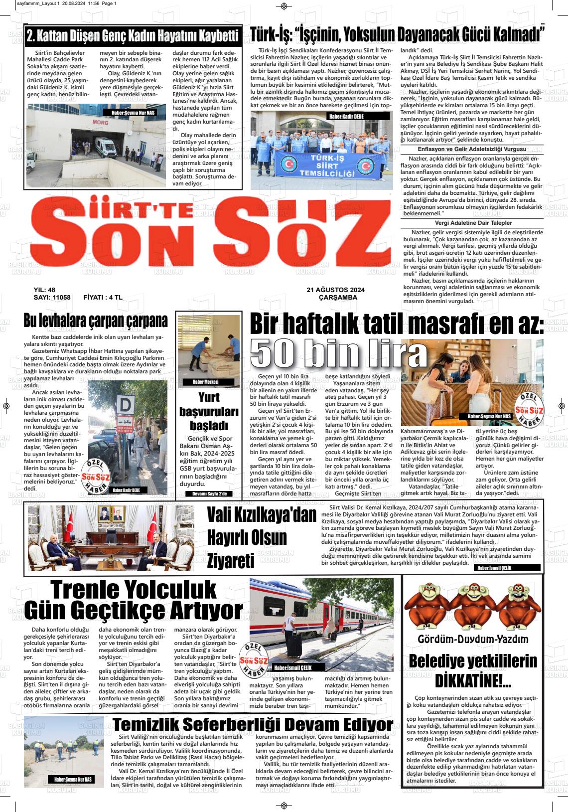 21 Ağustos 2024 Siirt'te Sonsöz Gazete Manşeti