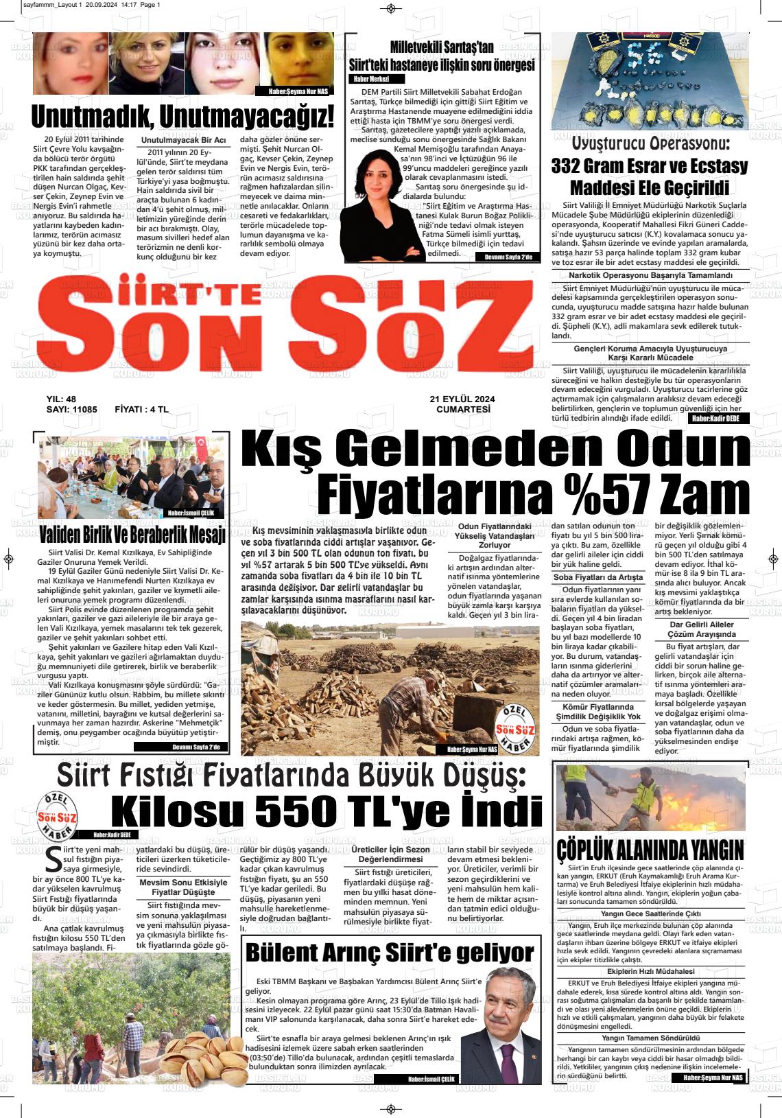 21 Eylül 2024 Siirt'te Sonsöz Gazete Manşeti