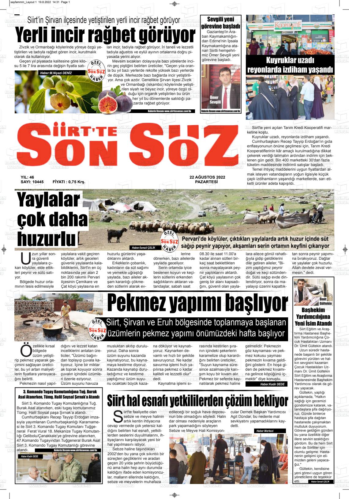 22 Ağustos 2022 Siirt'te Sonsöz Gazete Manşeti