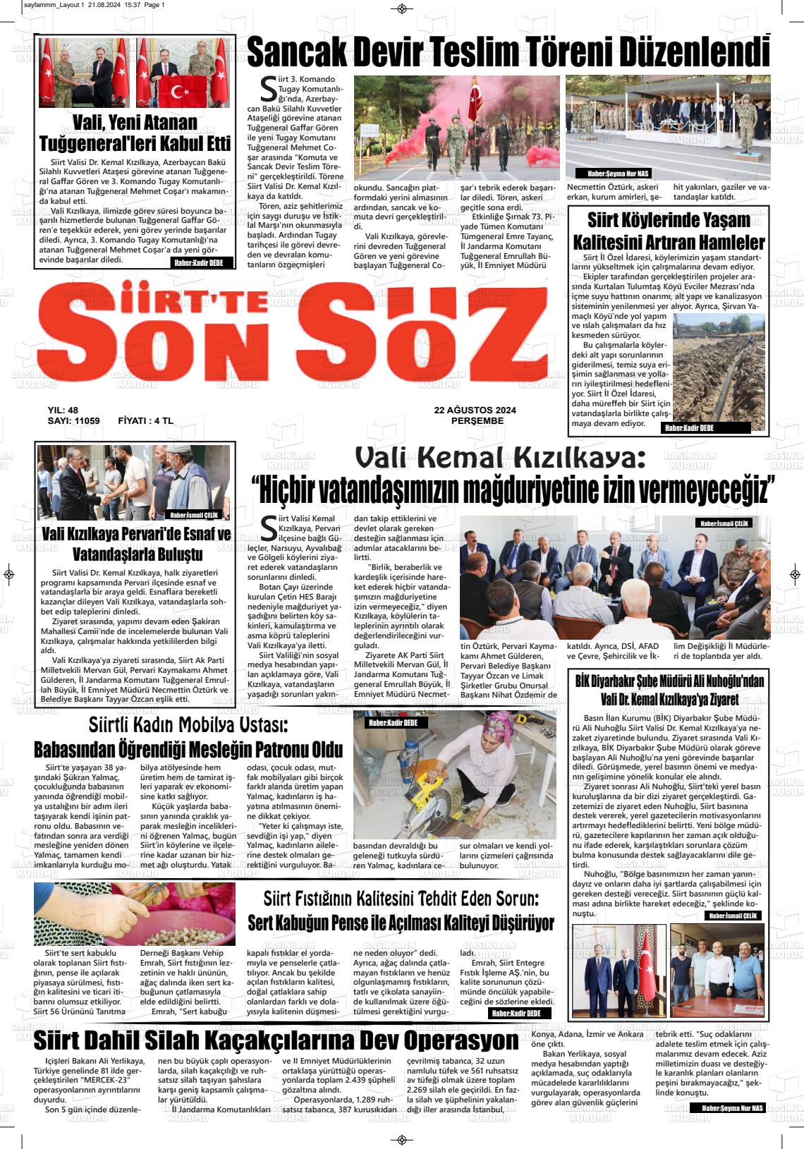 22 Ağustos 2024 Siirt'te Sonsöz Gazete Manşeti