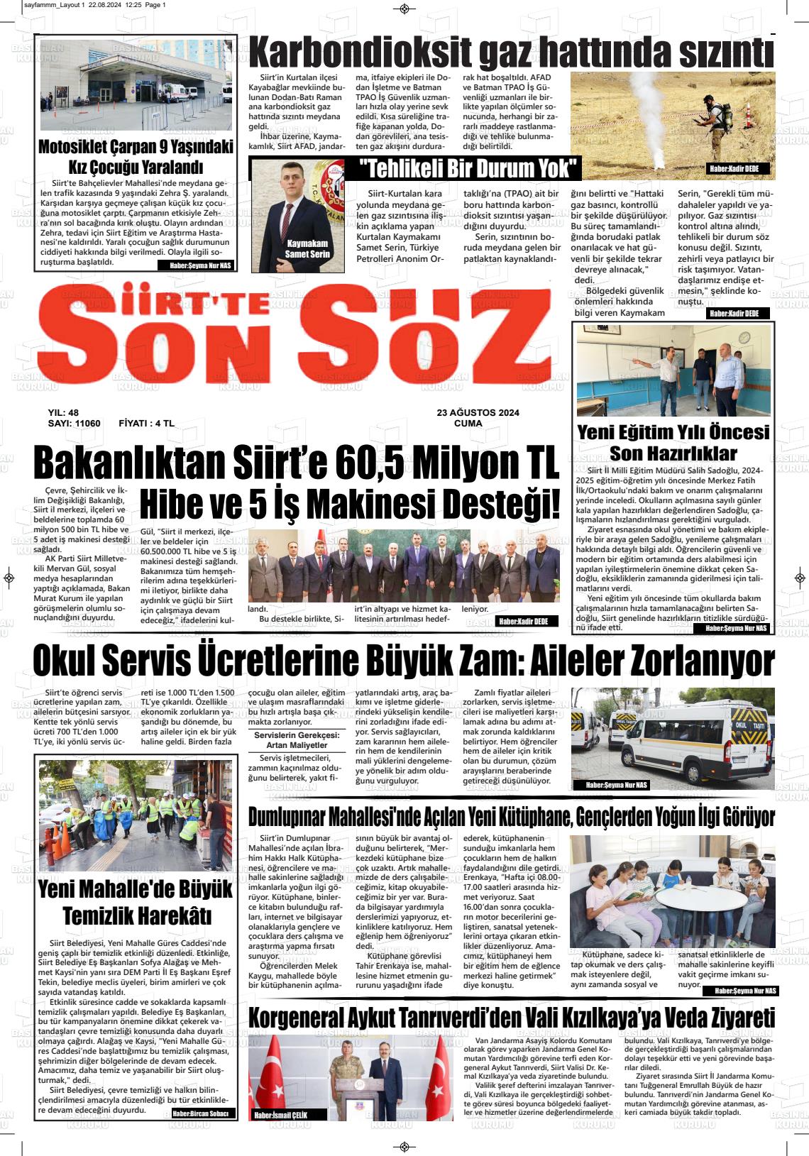 23 Ağustos 2024 Siirt'te Sonsöz Gazete Manşeti