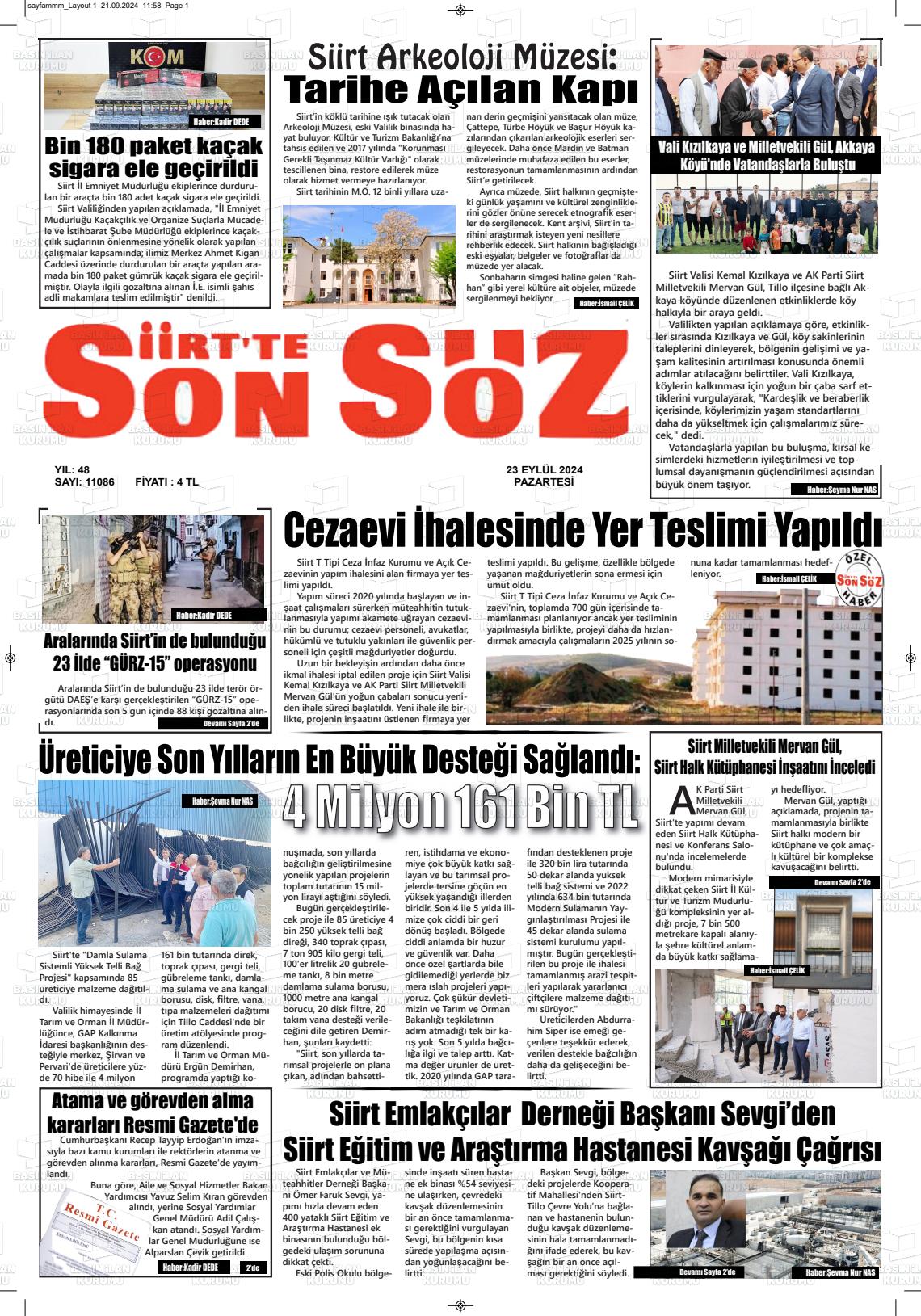 23 Eylül 2024 Siirt'te Sonsöz Gazete Manşeti