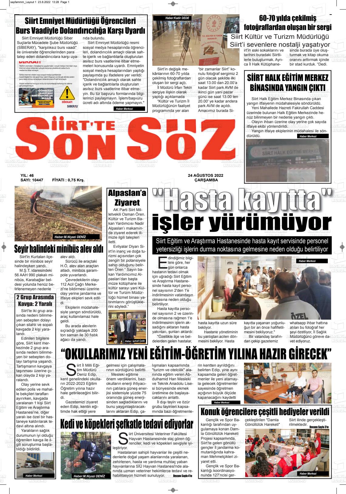 24 Ağustos 2022 Siirt'te Sonsöz Gazete Manşeti