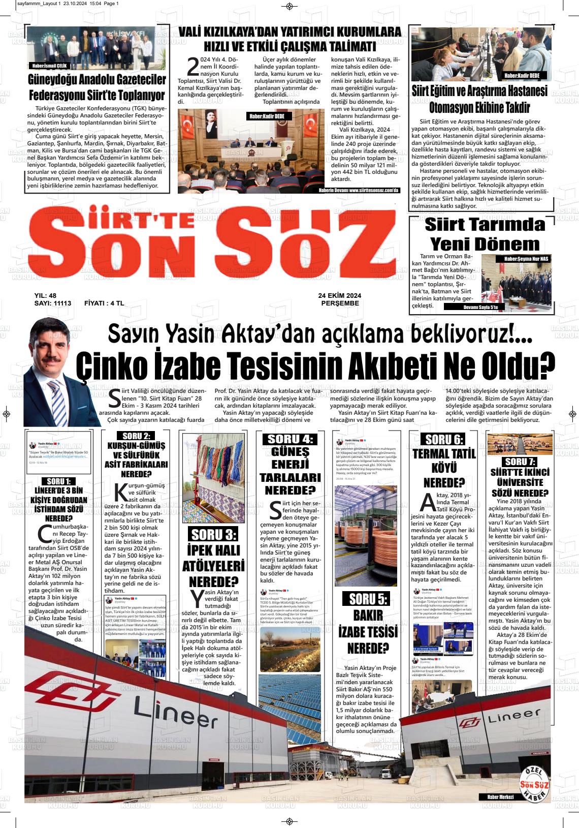 24 Ekim 2024 Siirt'te Sonsöz Gazete Manşeti