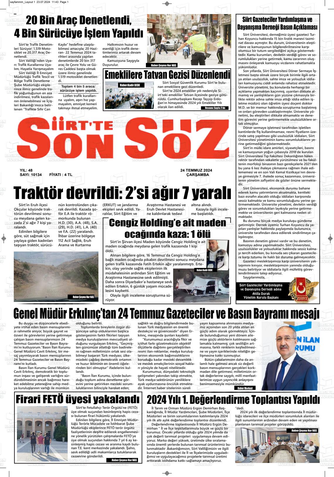 24 Temmuz 2024 Siirt'te Sonsöz Gazete Manşeti