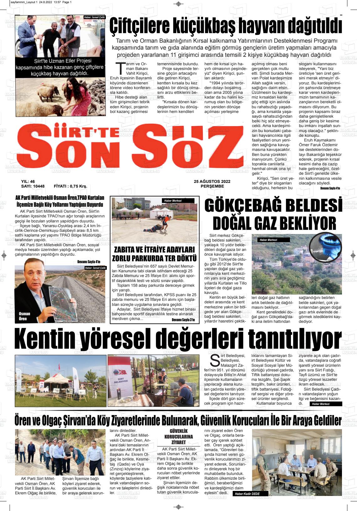 25 Ağustos 2022 Siirt'te Sonsöz Gazete Manşeti