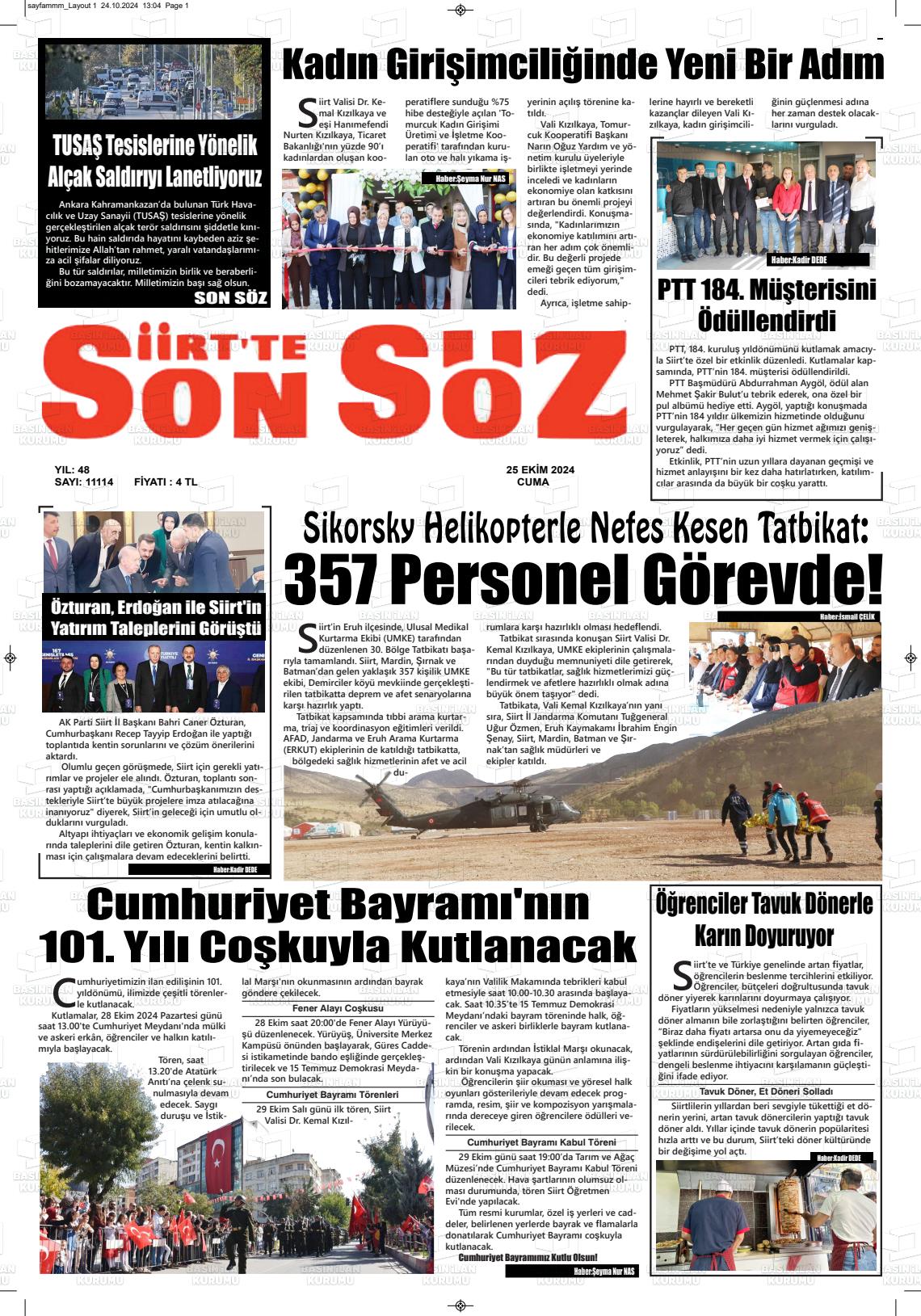 25 Ekim 2024 Siirt'te Sonsöz Gazete Manşeti