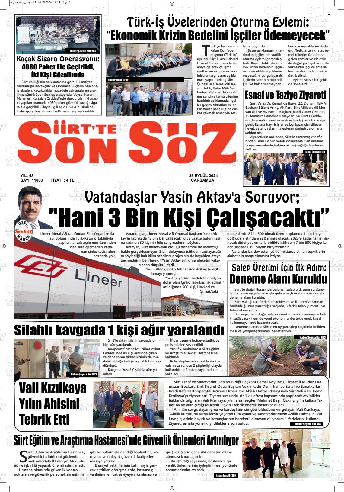 25 Eylül 2024 Siirt'te Sonsöz Gazete Manşeti