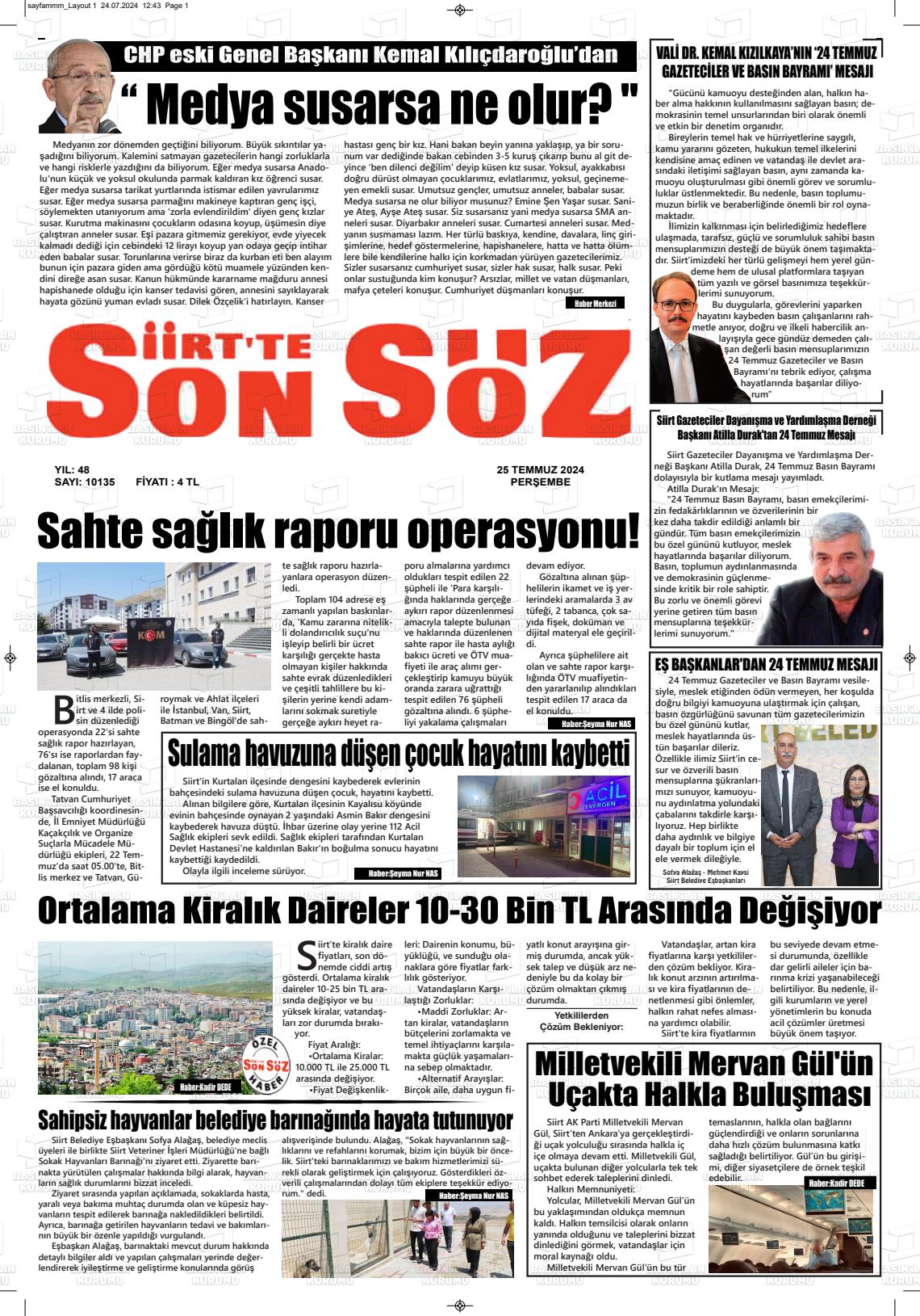 25 Temmuz 2024 Siirt'te Sonsöz Gazete Manşeti