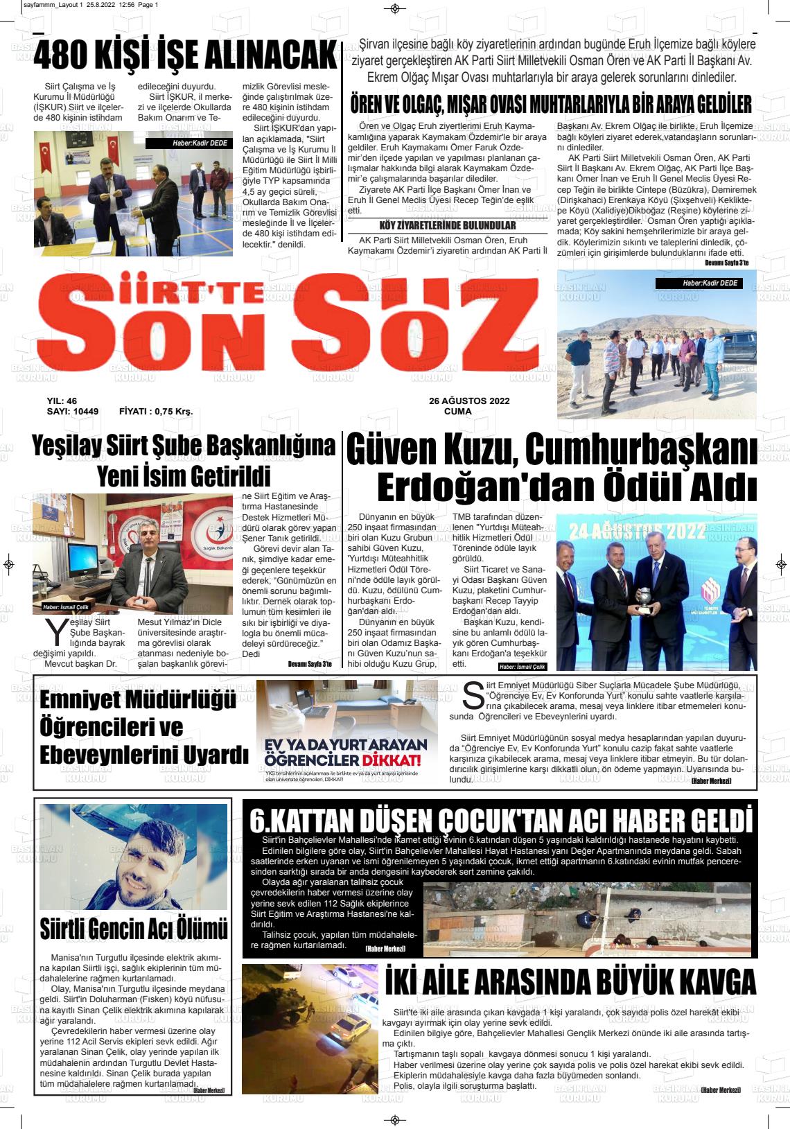 26 Ağustos 2022 Siirt'te Sonsöz Gazete Manşeti