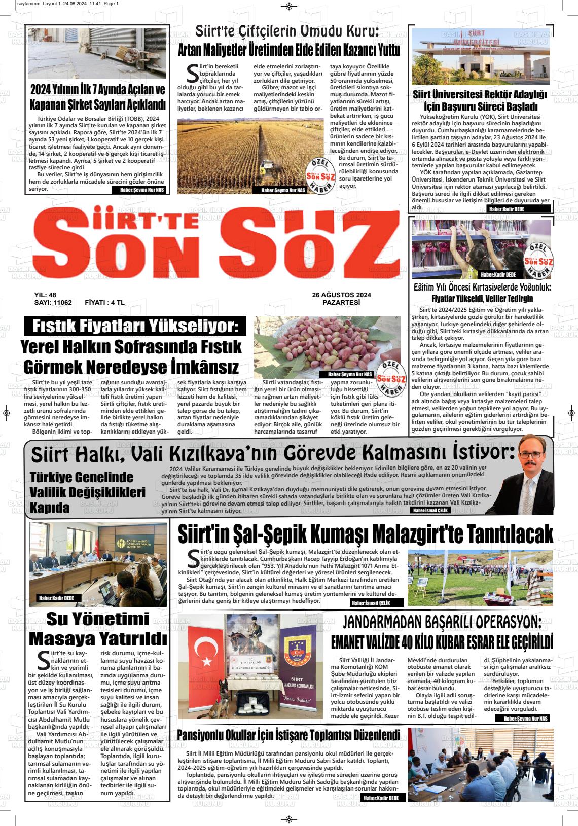 26 Ağustos 2024 Siirt'te Sonsöz Gazete Manşeti