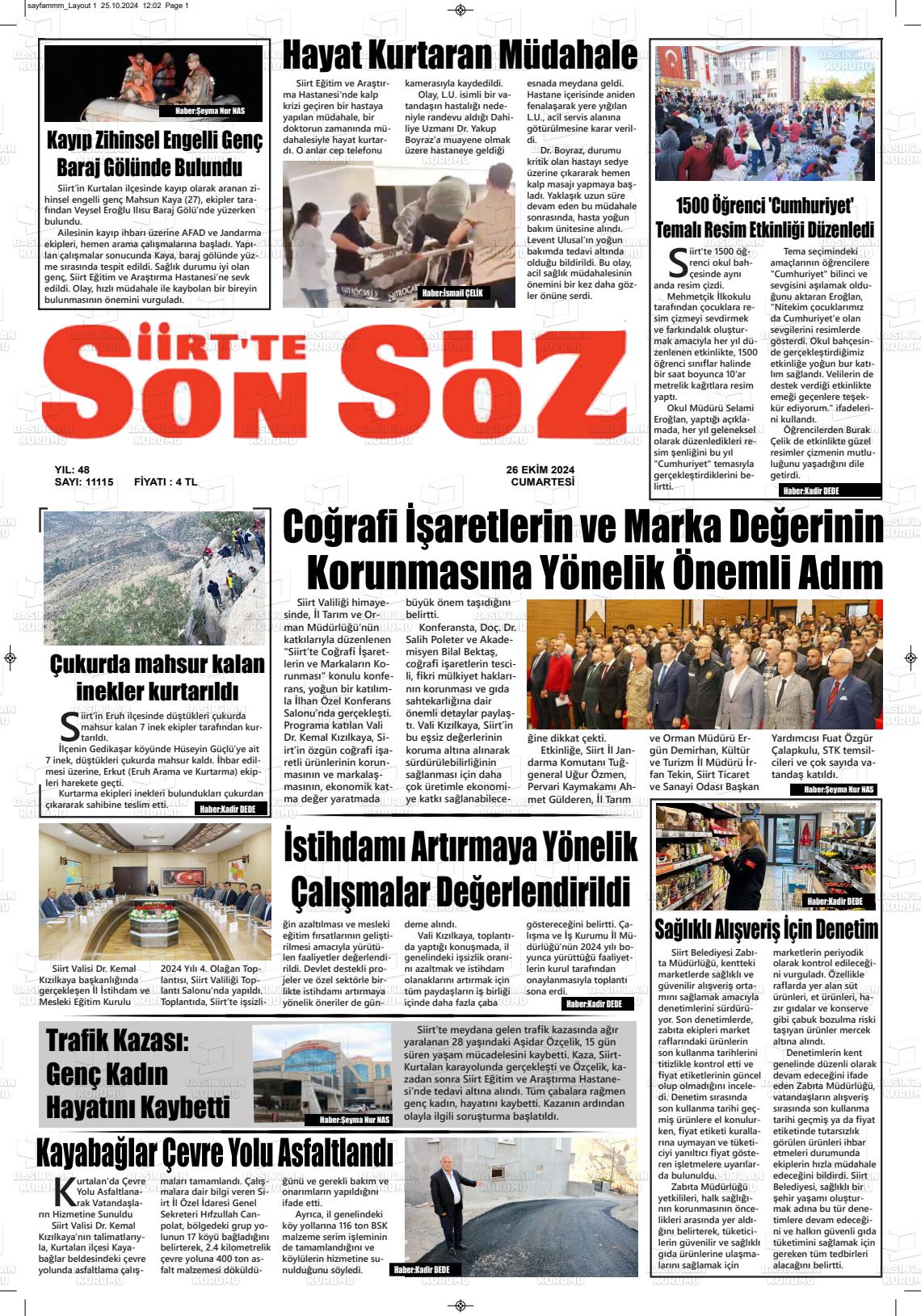 26 Ekim 2024 Siirt'te Sonsöz Gazete Manşeti