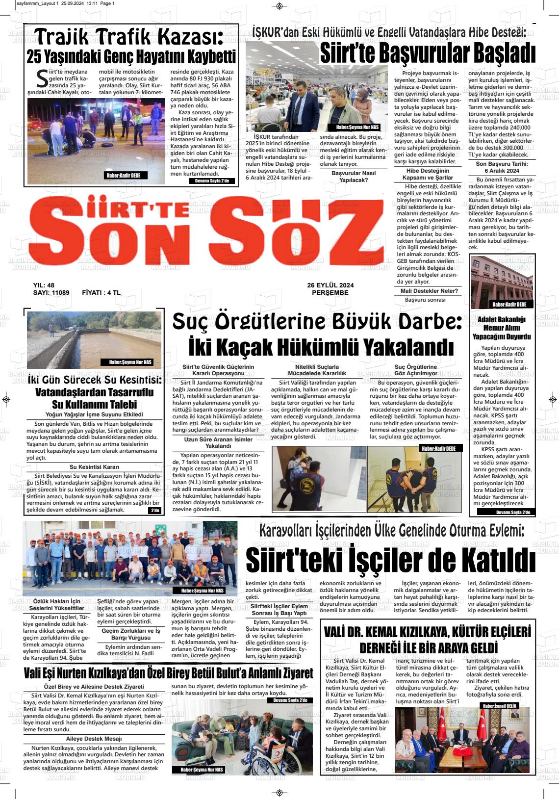 26 Eylül 2024 Siirt'te Sonsöz Gazete Manşeti