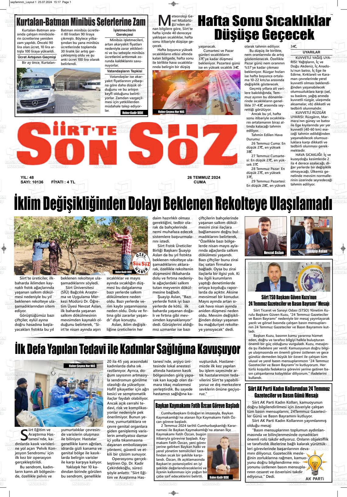 26 Temmuz 2024 Siirt'te Sonsöz Gazete Manşeti