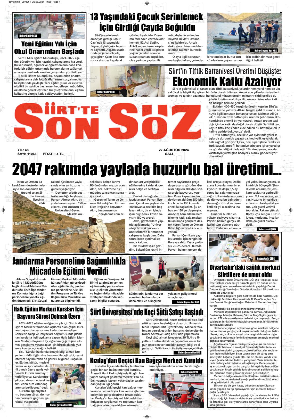 27 Ağustos 2024 Siirt'te Sonsöz Gazete Manşeti