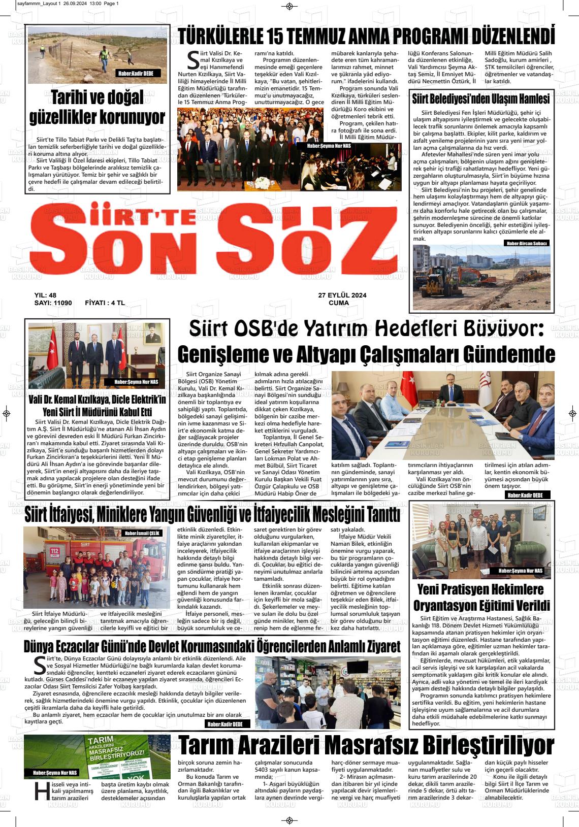 27 Eylül 2024 Siirt'te Sonsöz Gazete Manşeti