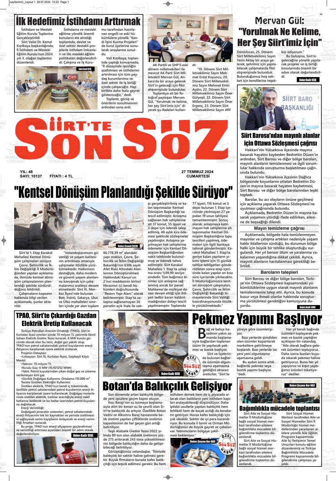 27 Temmuz 2024 Siirt'te Sonsöz Gazete Manşeti