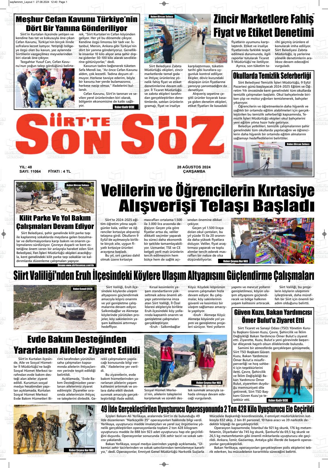 28 Ağustos 2024 Siirt'te Sonsöz Gazete Manşeti