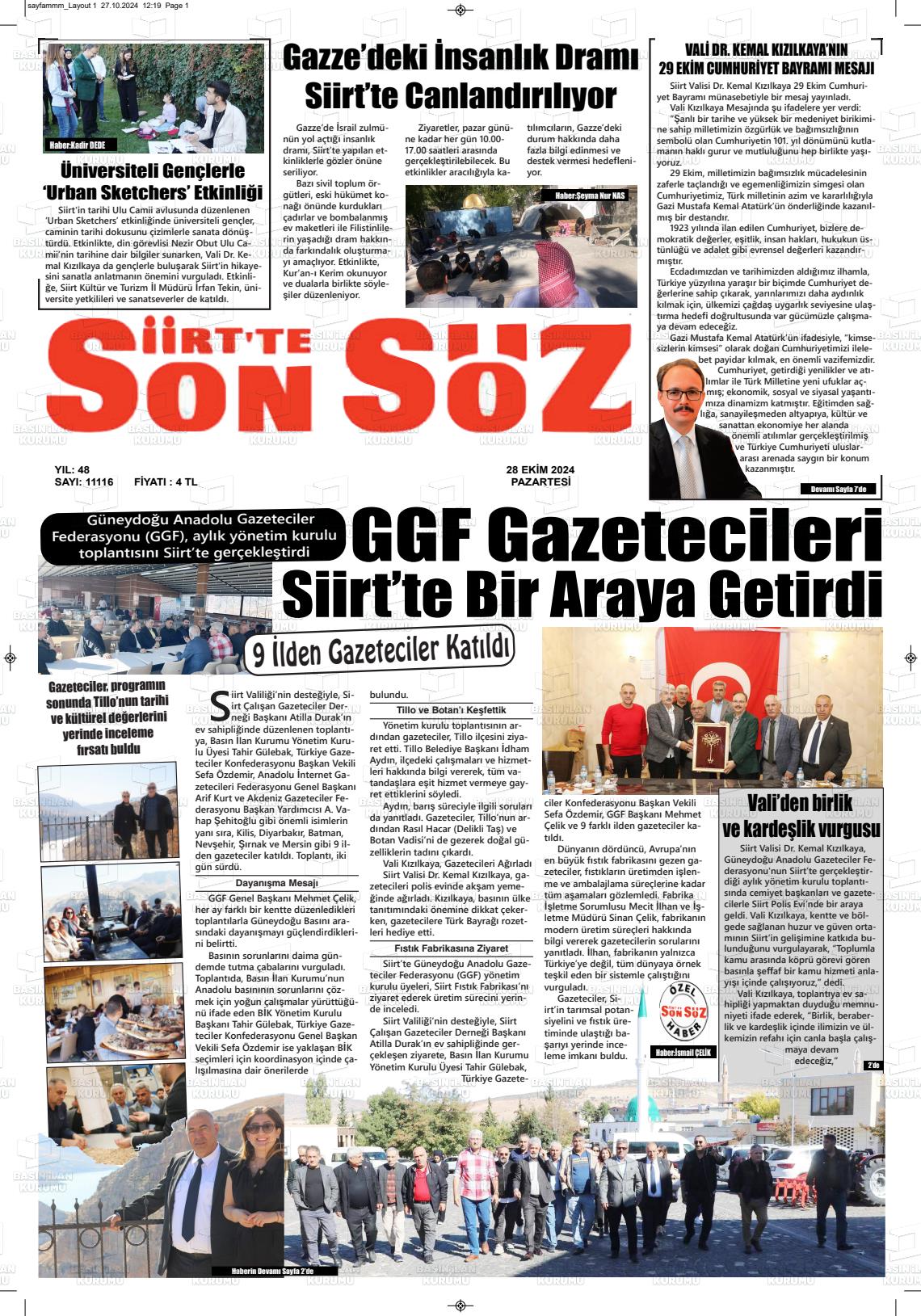 28 Ekim 2024 Siirt'te Sonsöz Gazete Manşeti