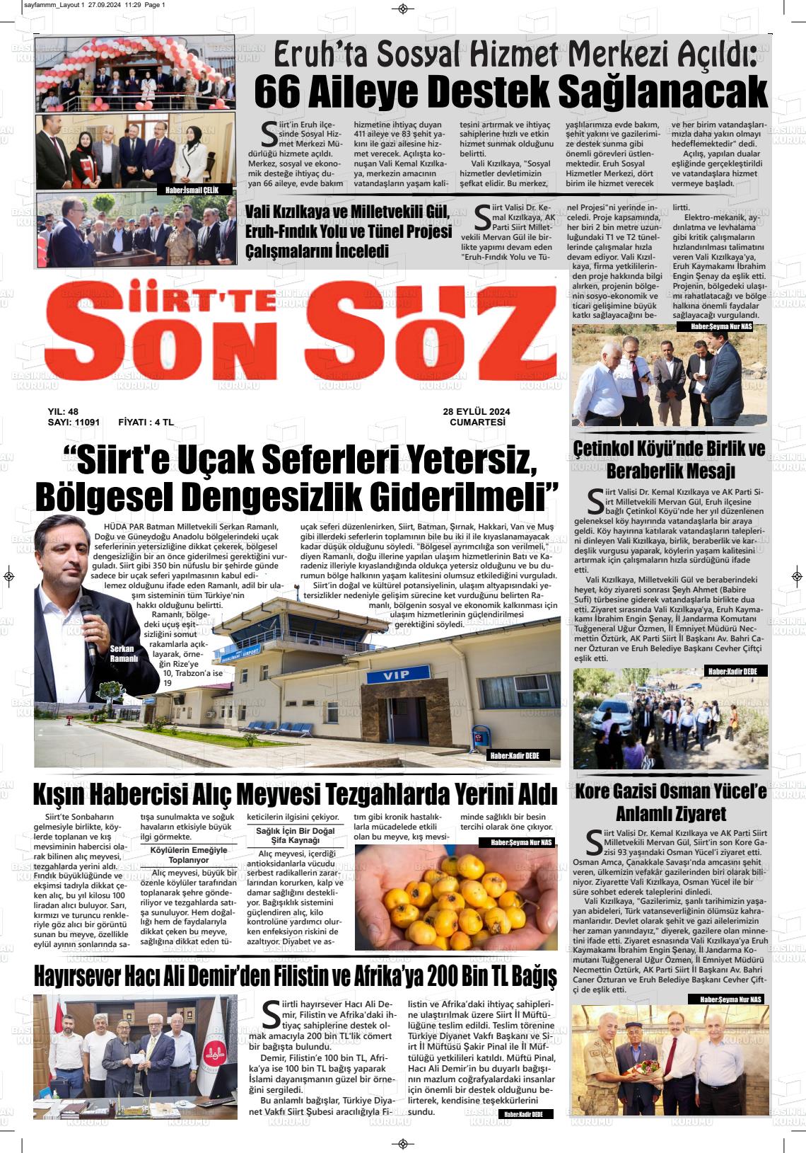 28 Eylül 2024 Siirt'te Sonsöz Gazete Manşeti