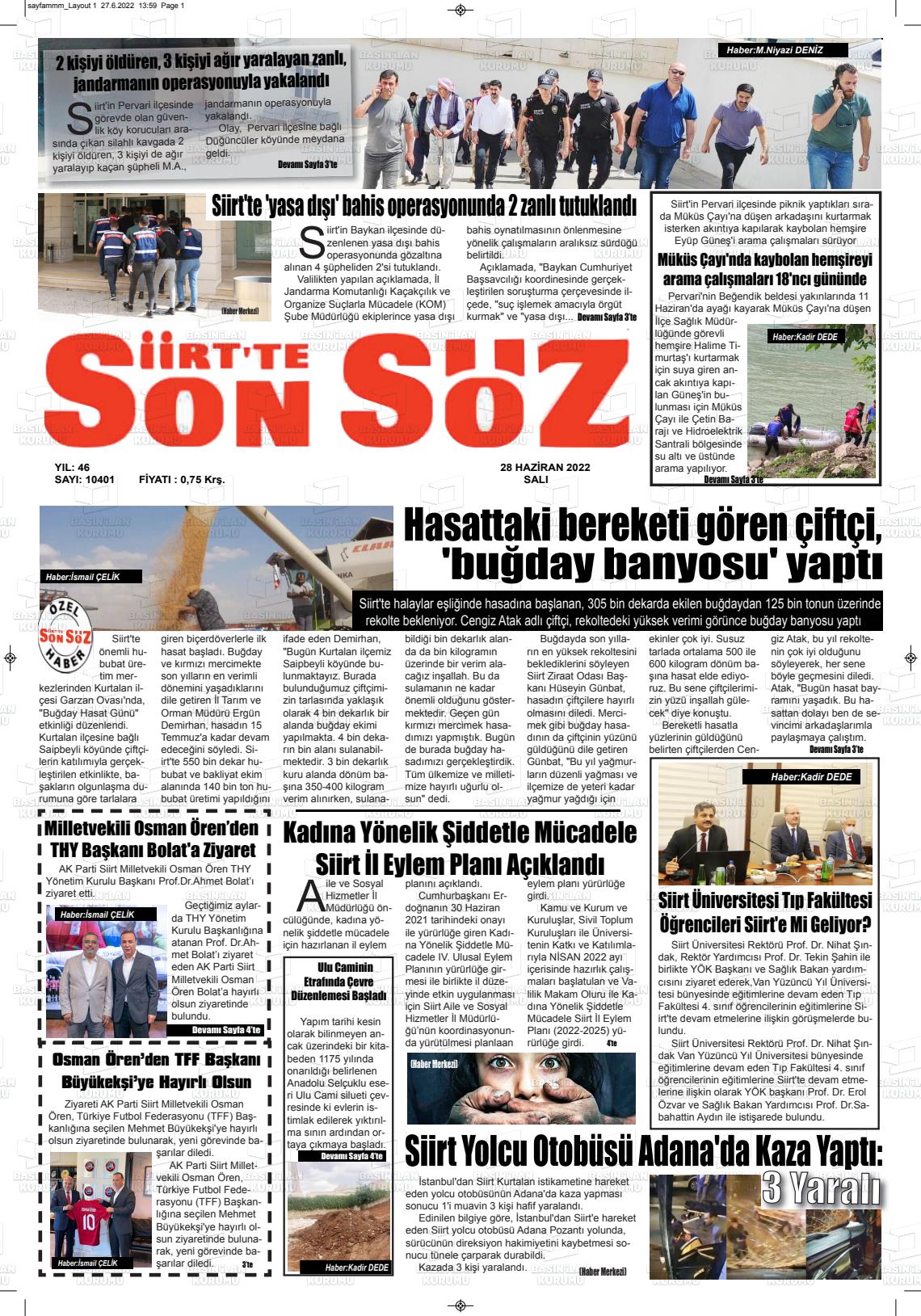 28 Haziran 2022 Siirt'te Sonsöz Gazete Manşeti