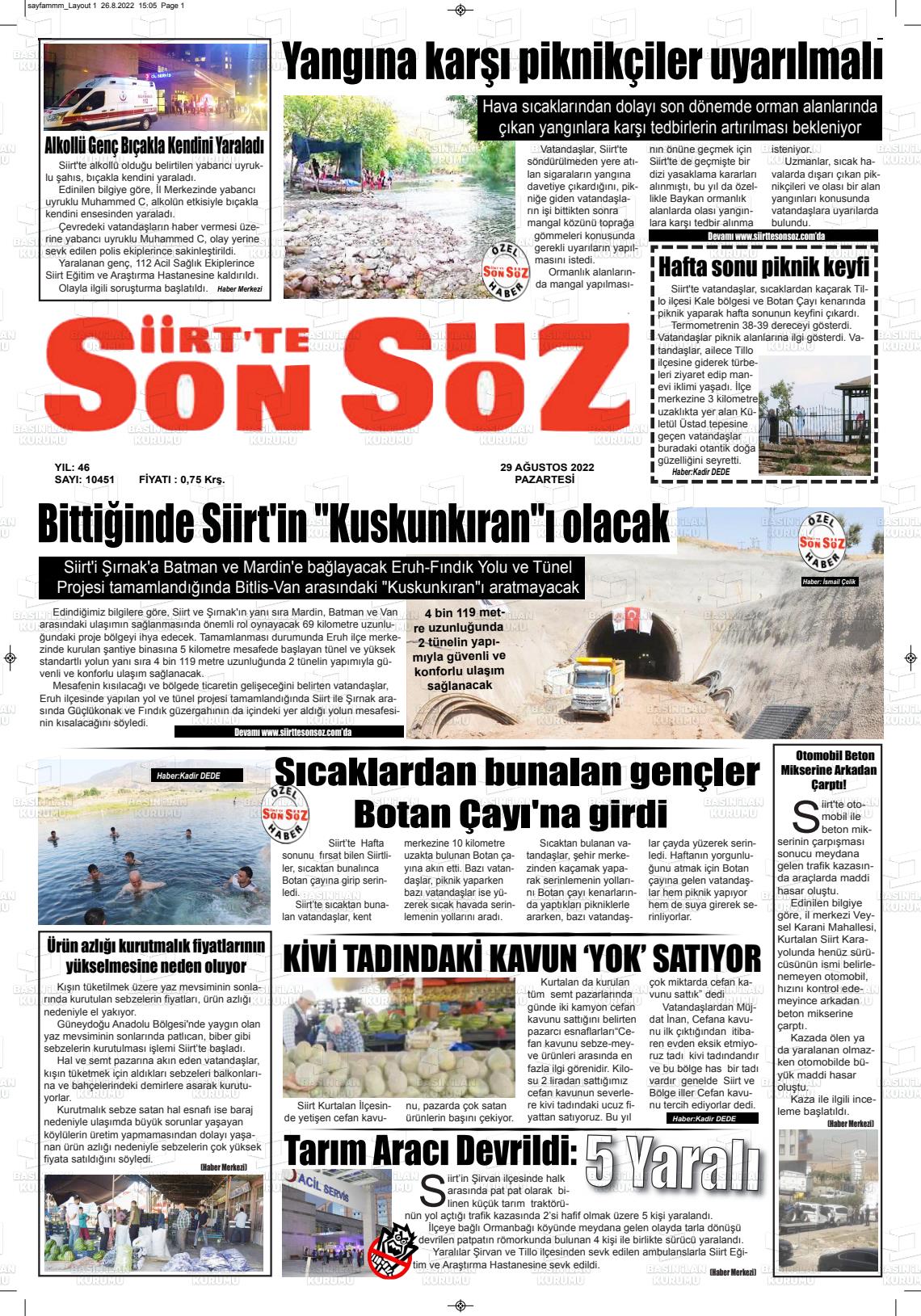 29 Ağustos 2022 Siirt'te Sonsöz Gazete Manşeti