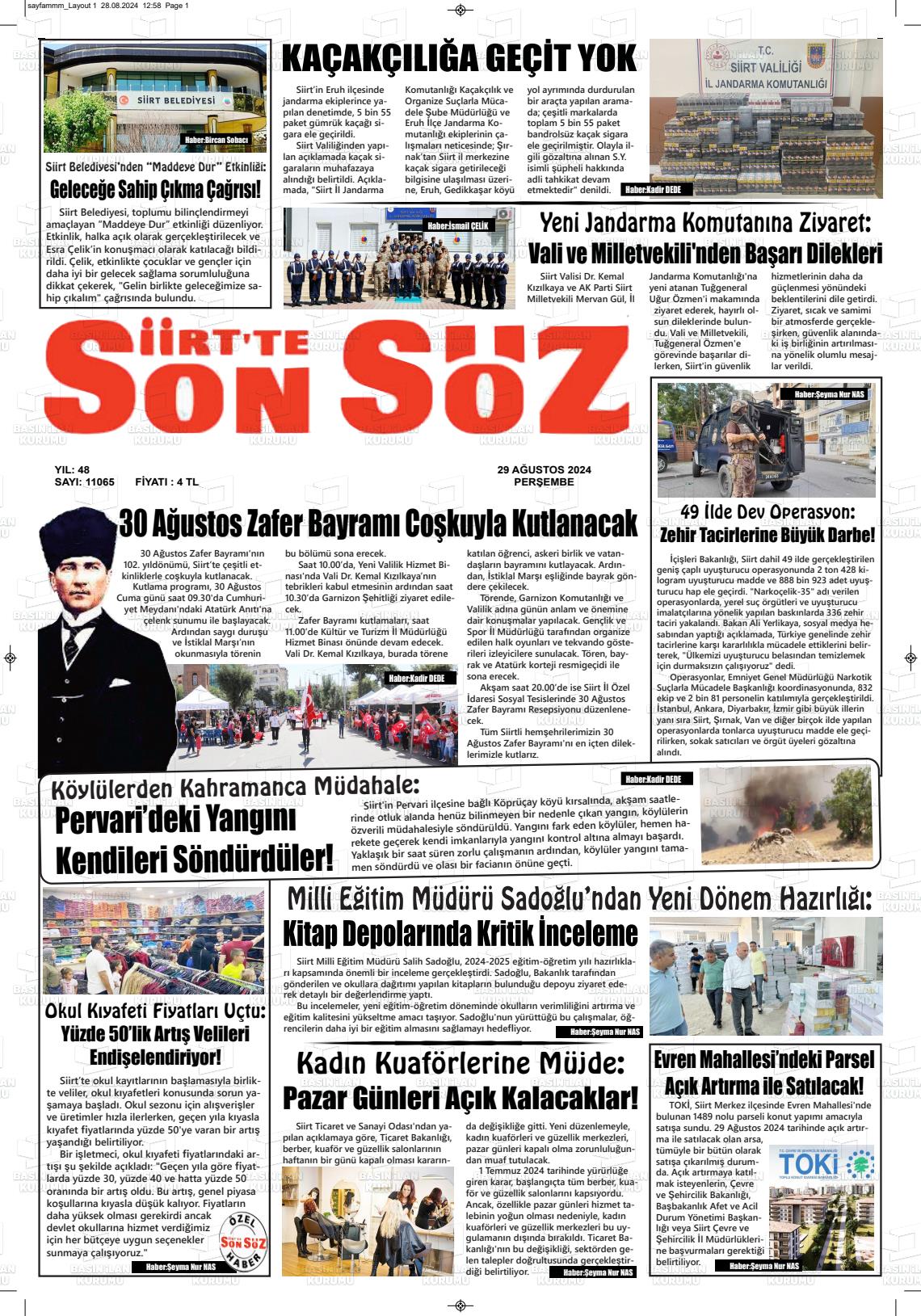 29 Ağustos 2024 Siirt'te Sonsöz Gazete Manşeti