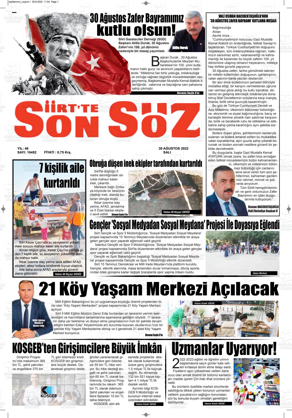 30 Ağustos 2022 Siirt'te Sonsöz Gazete Manşeti