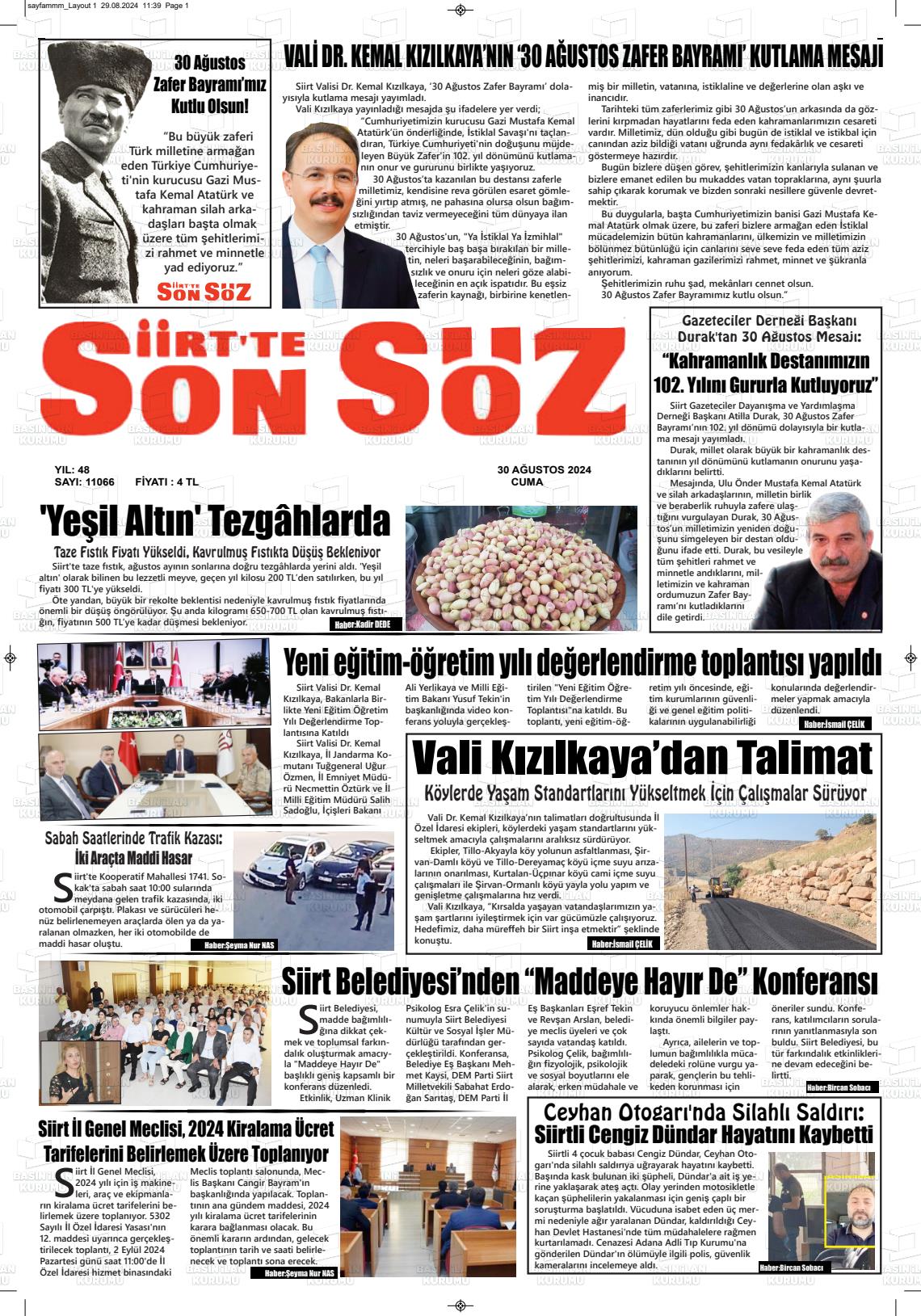 30 Ağustos 2024 Siirt'te Sonsöz Gazete Manşeti