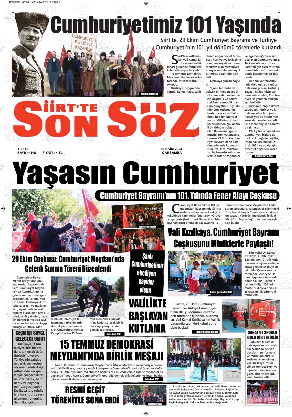 30 Ekim 2024 Siirt'te Sonsöz Gazete Manşeti