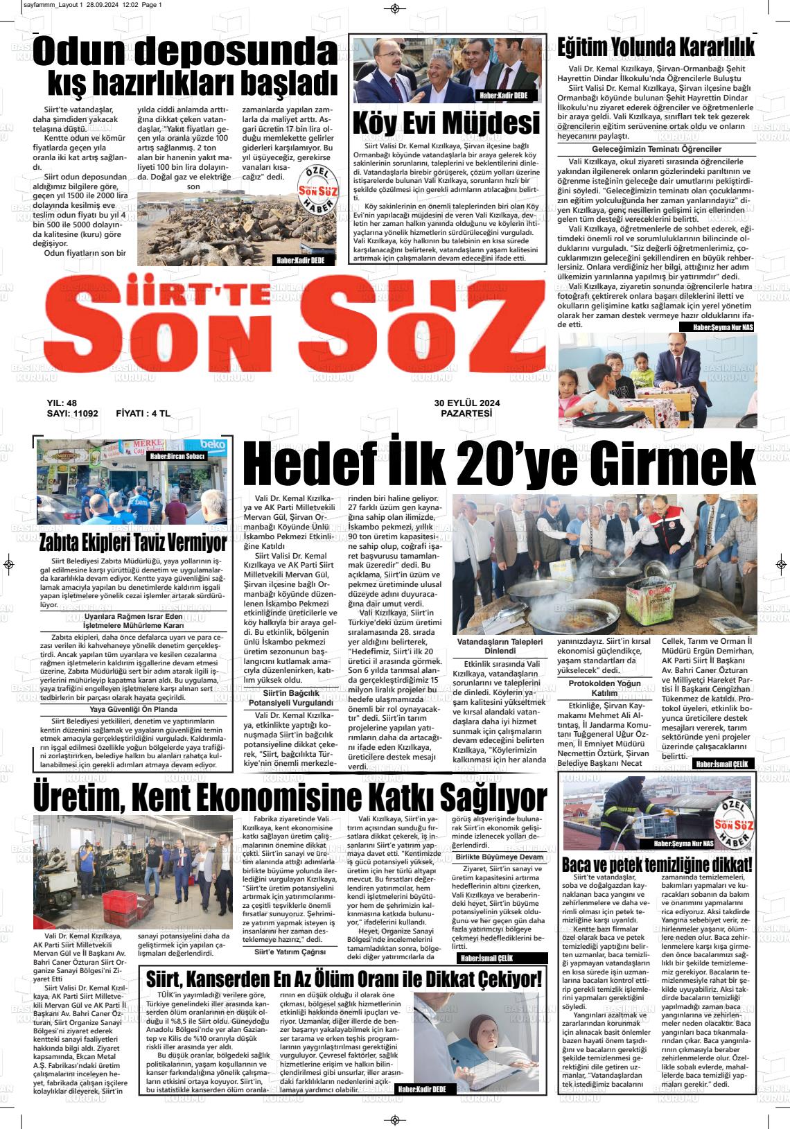 30 Eylül 2024 Siirt'te Sonsöz Gazete Manşeti