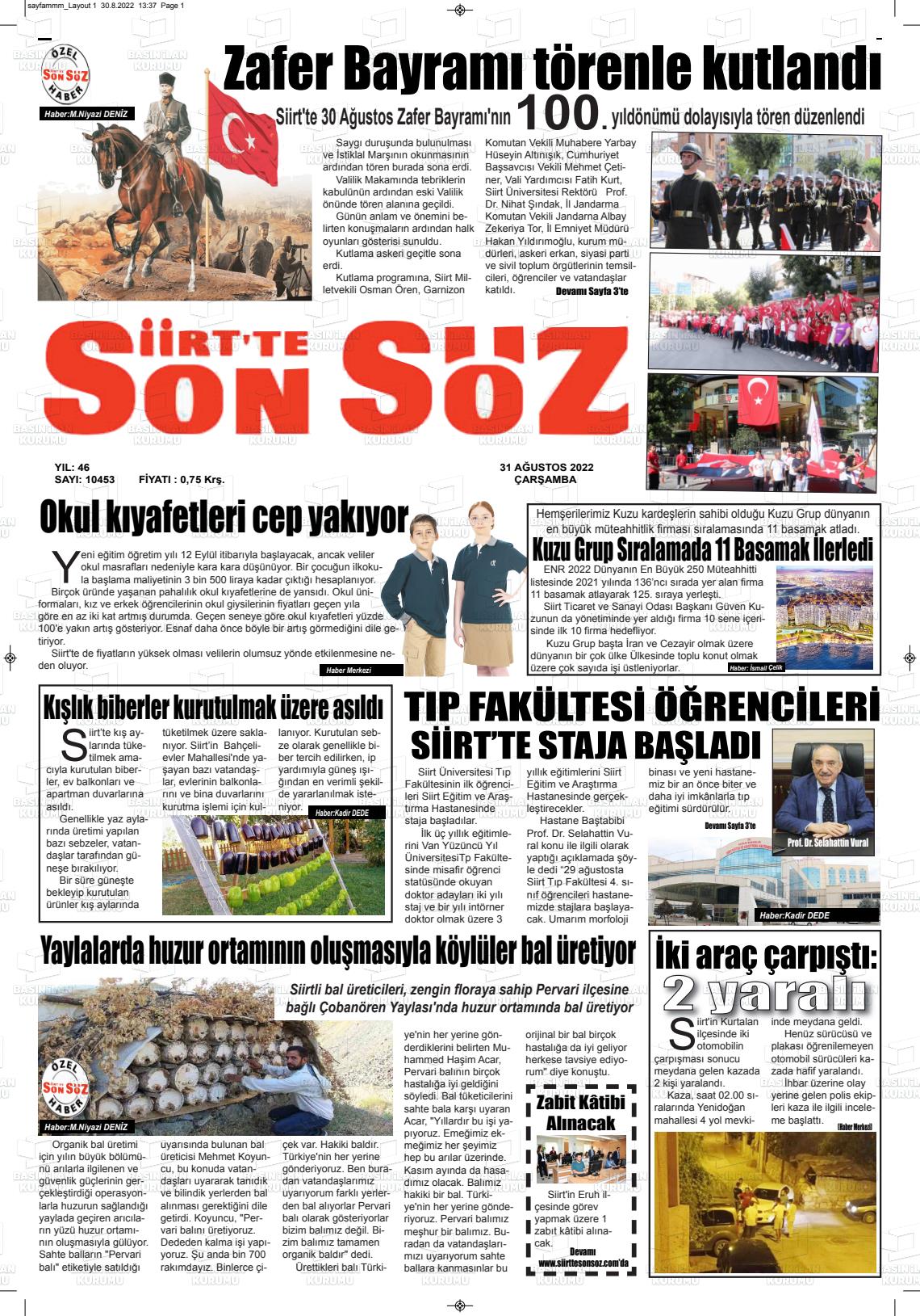 31 Ağustos 2022 Siirt'te Sonsöz Gazete Manşeti