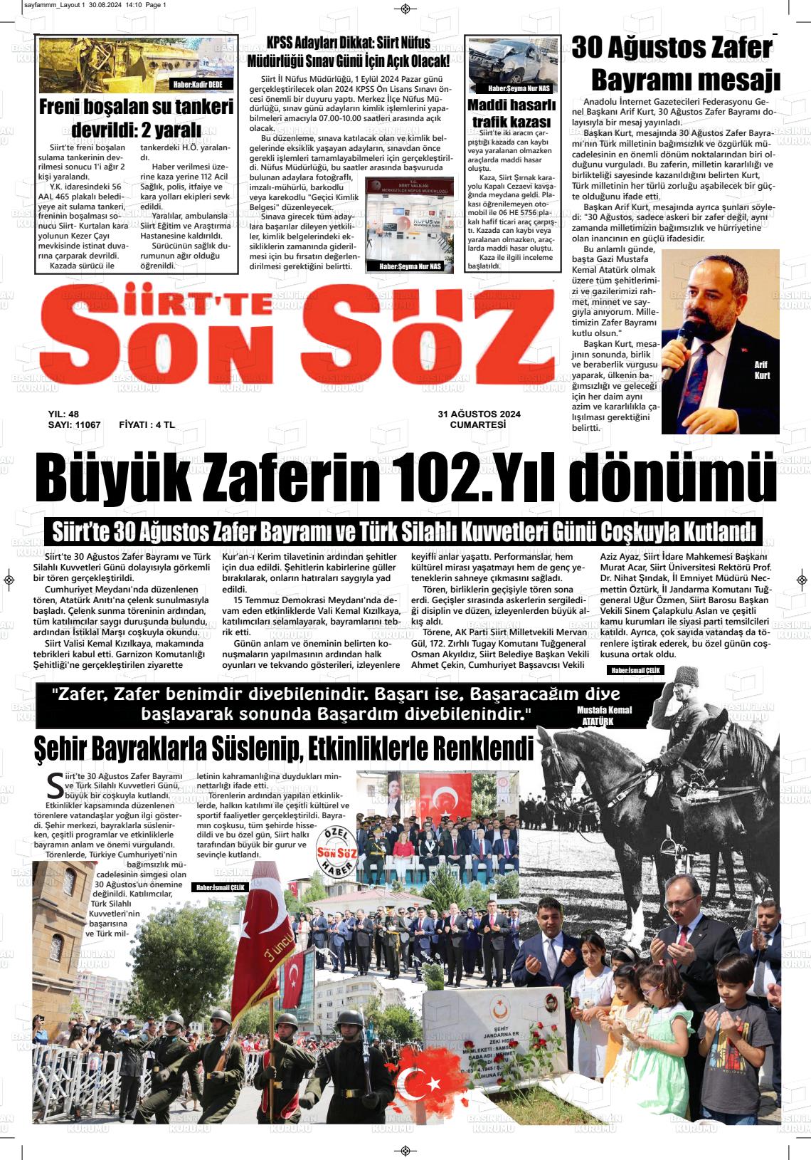 31 Ağustos 2024 Siirt'te Sonsöz Gazete Manşeti