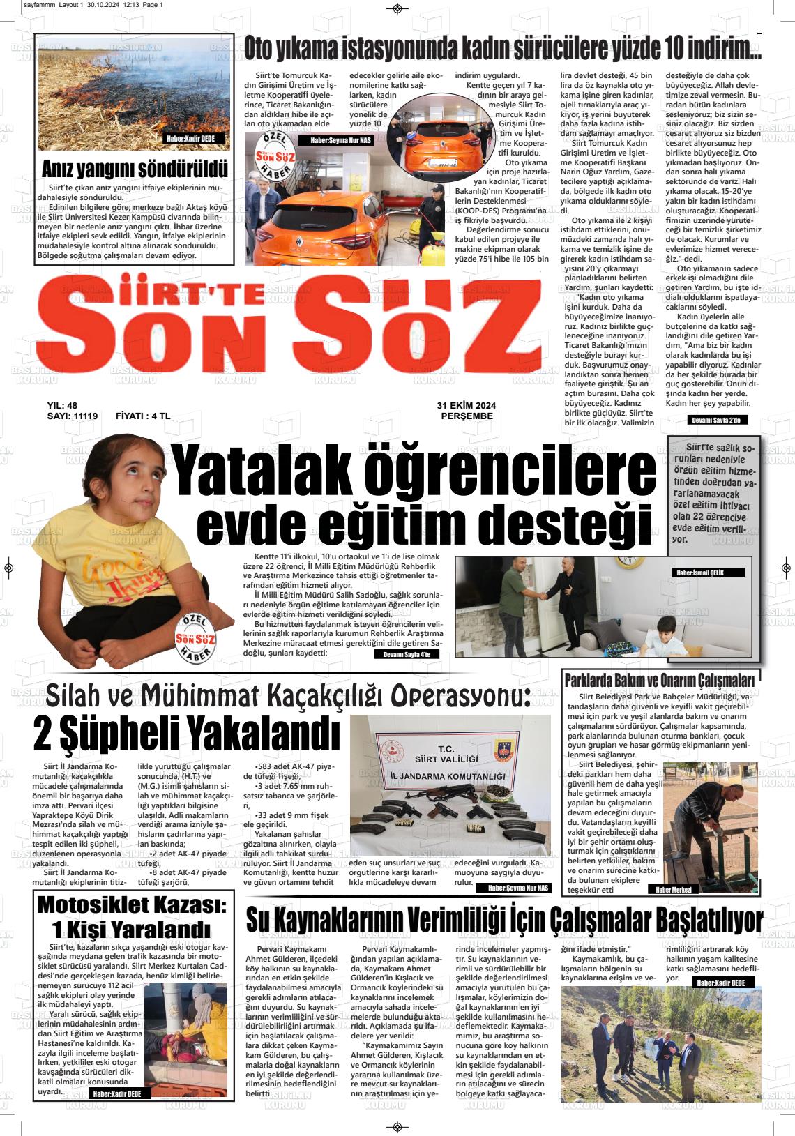 31 Ekim 2024 Siirt'te Sonsöz Gazete Manşeti