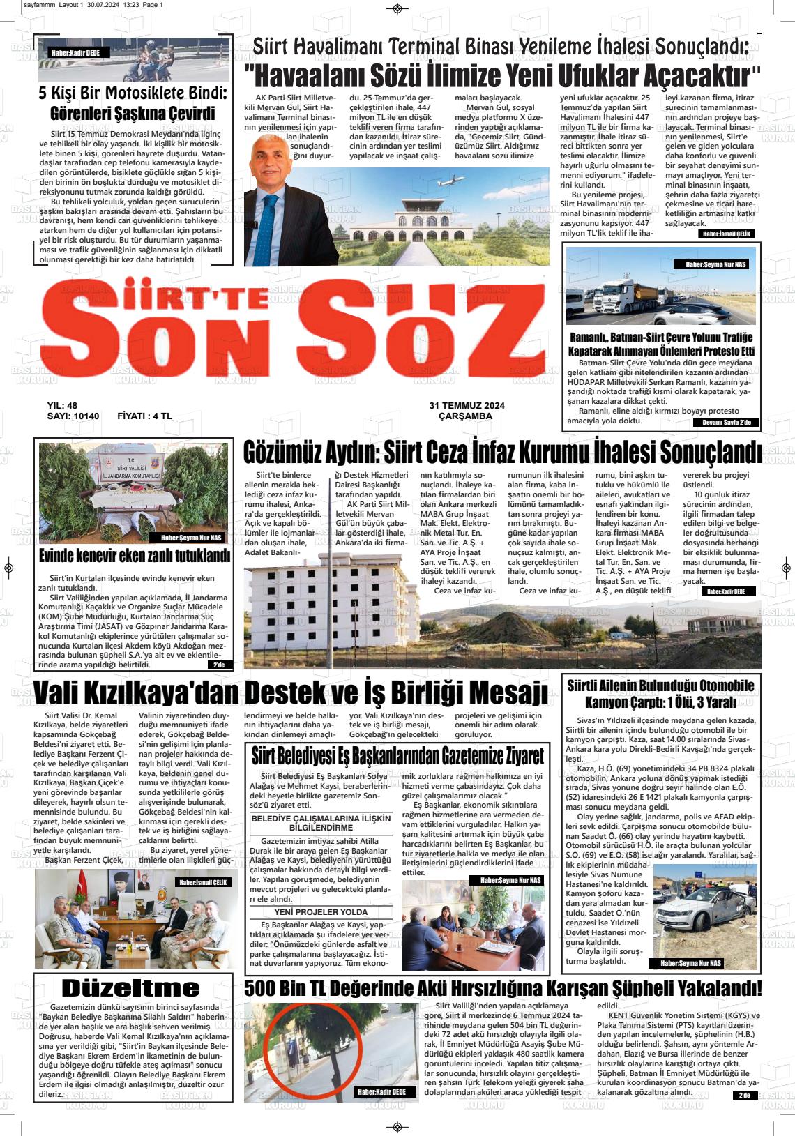 31 Temmuz 2024 Siirt'te Sonsöz Gazete Manşeti