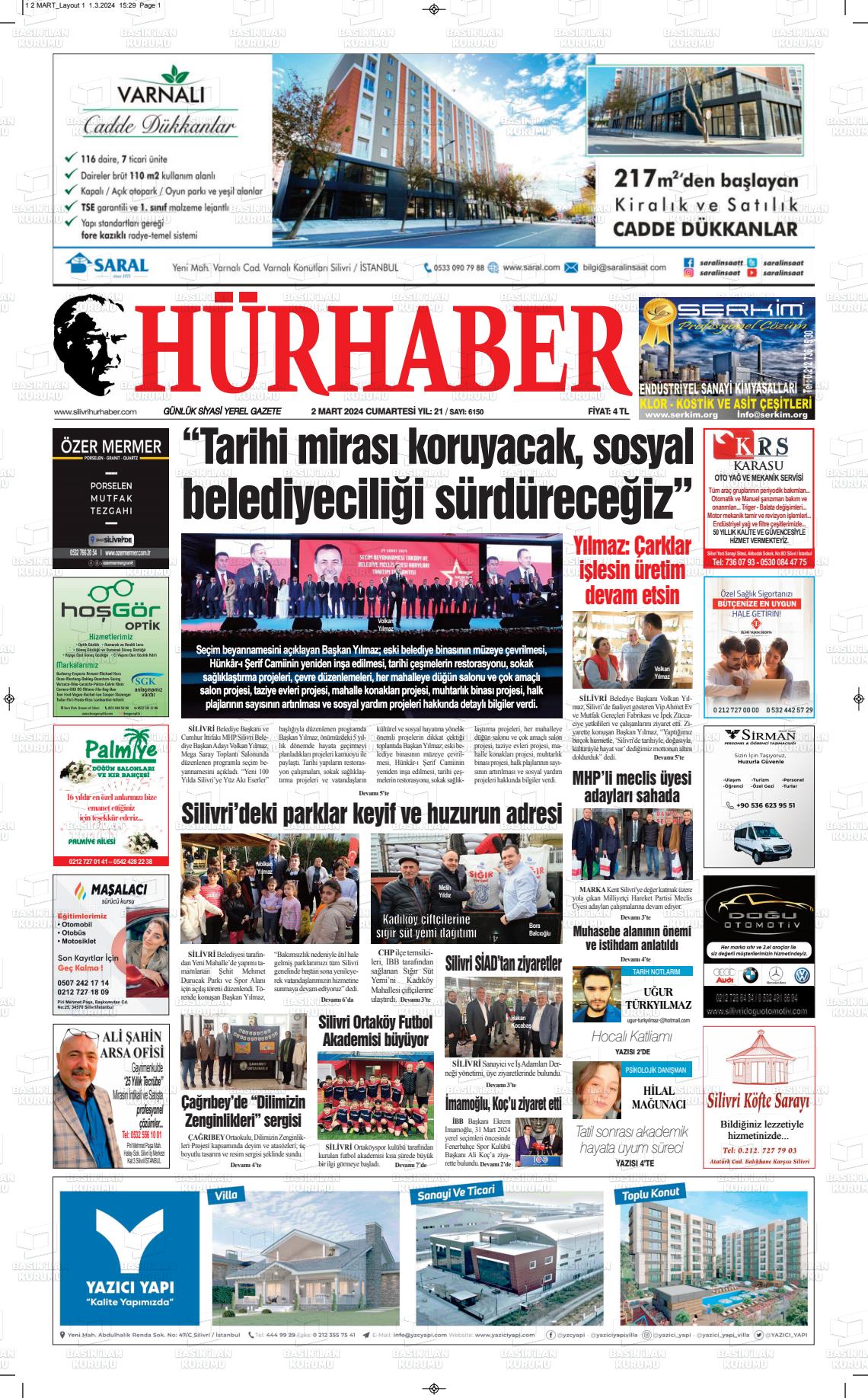 02 Mart 2024 Hürhaber Gazete Manşeti