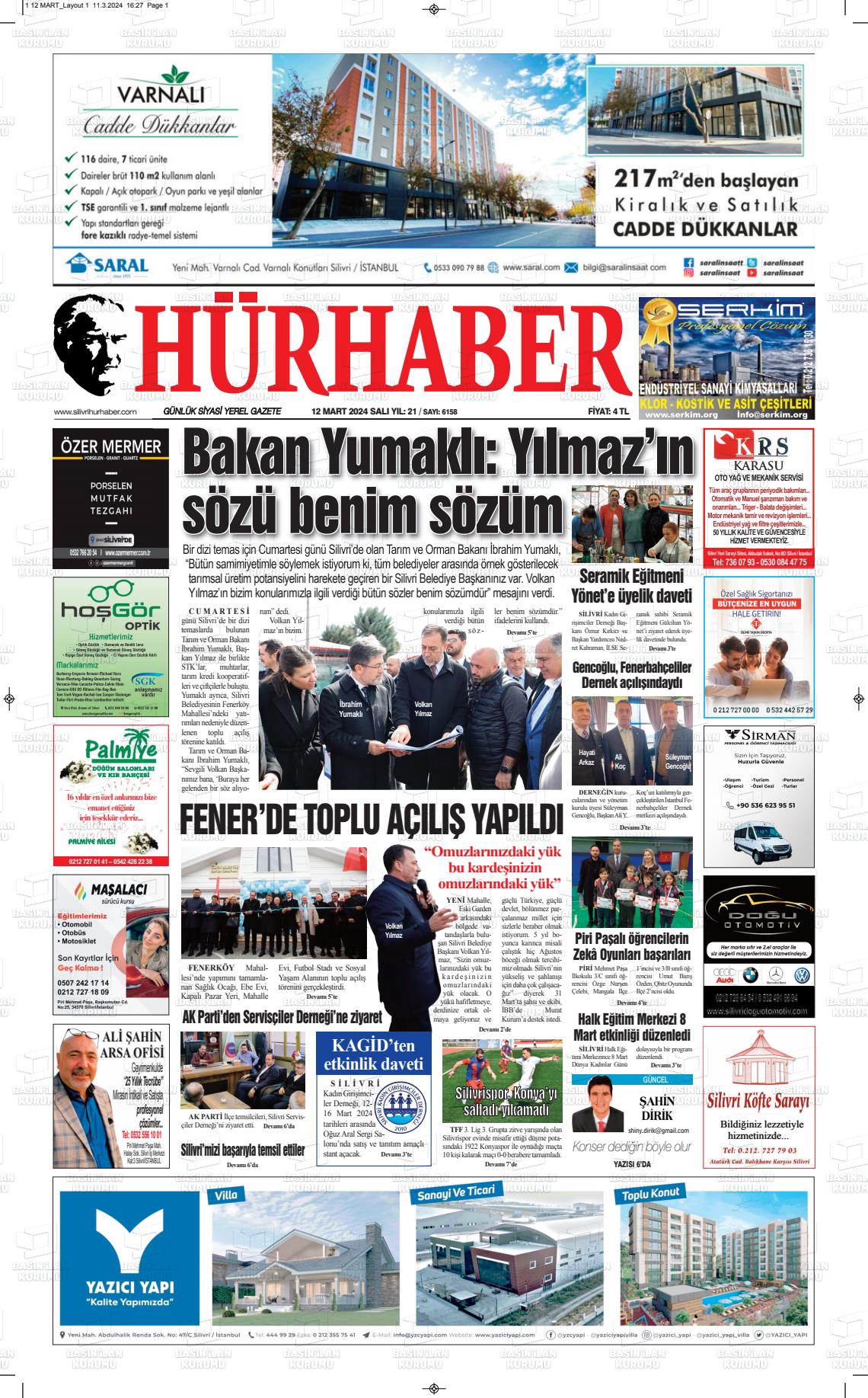 12 Mart 2024 Hürhaber Gazete Manşeti