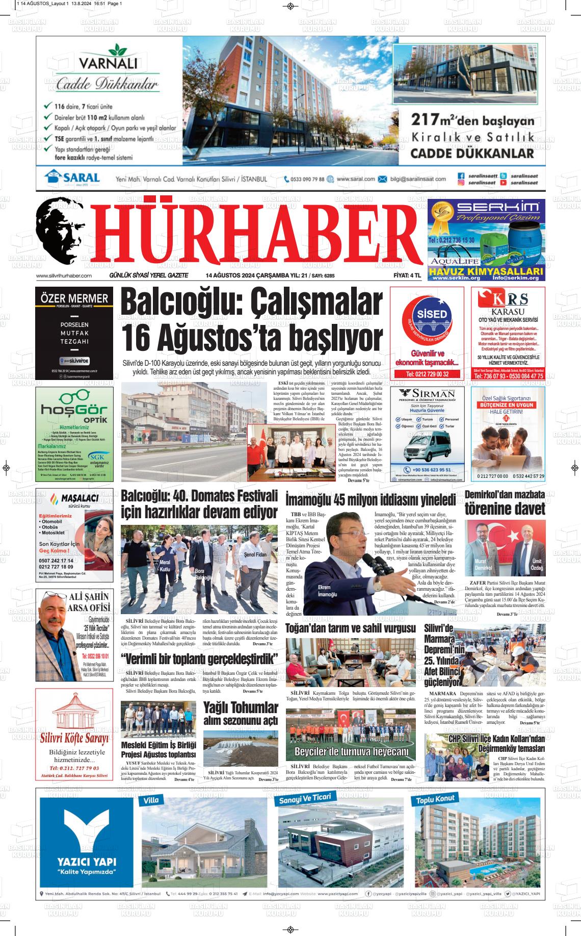 14 Ağustos 2024 Hürhaber Gazete Manşeti