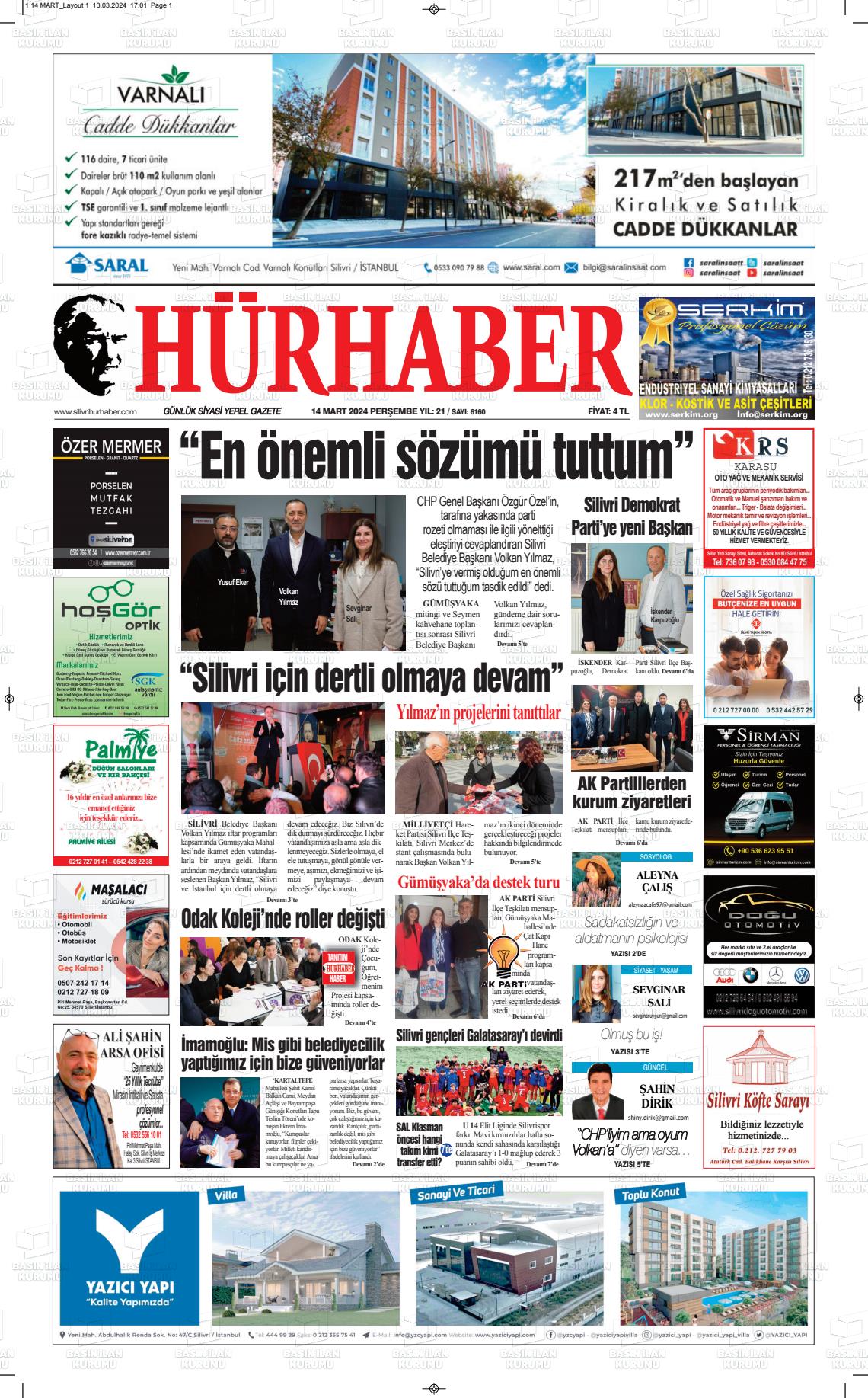 14 Mart 2024 Hürhaber Gazete Manşeti