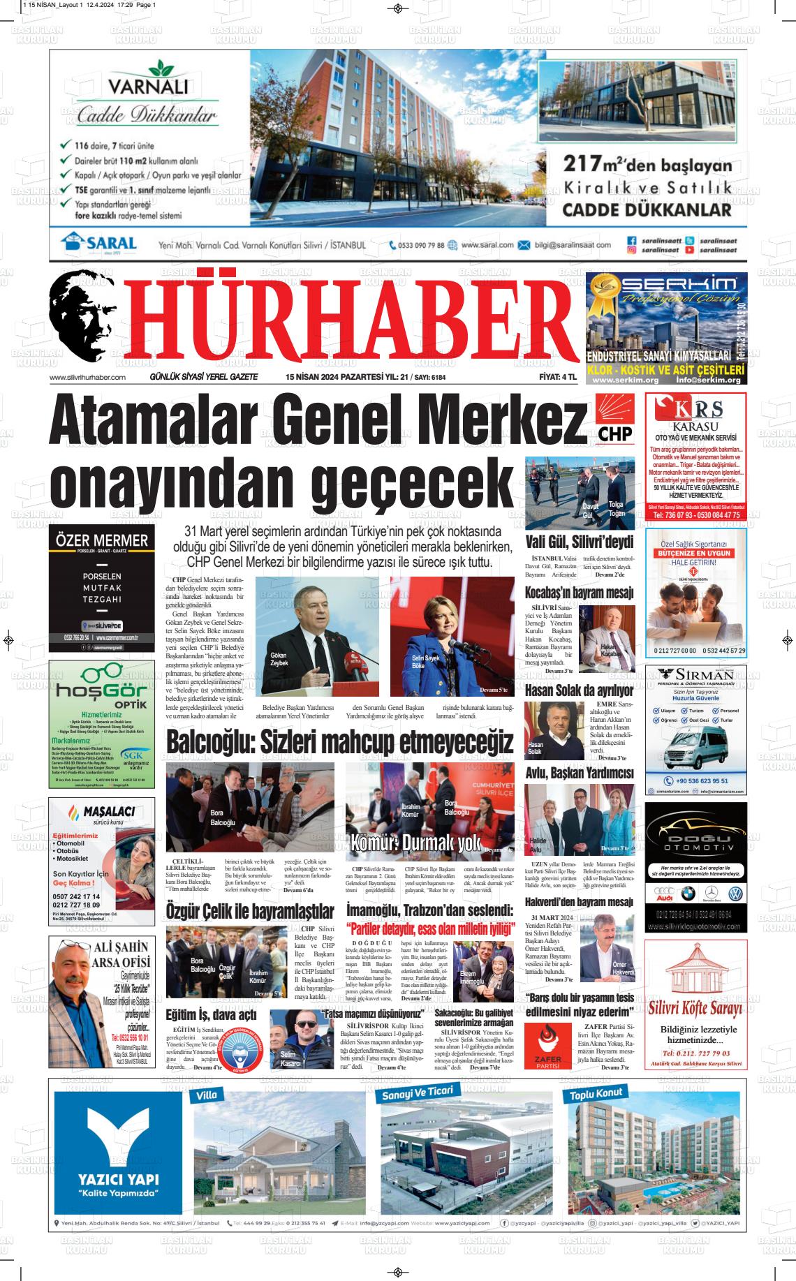 15 Nisan 2024 Hürhaber Gazete Manşeti