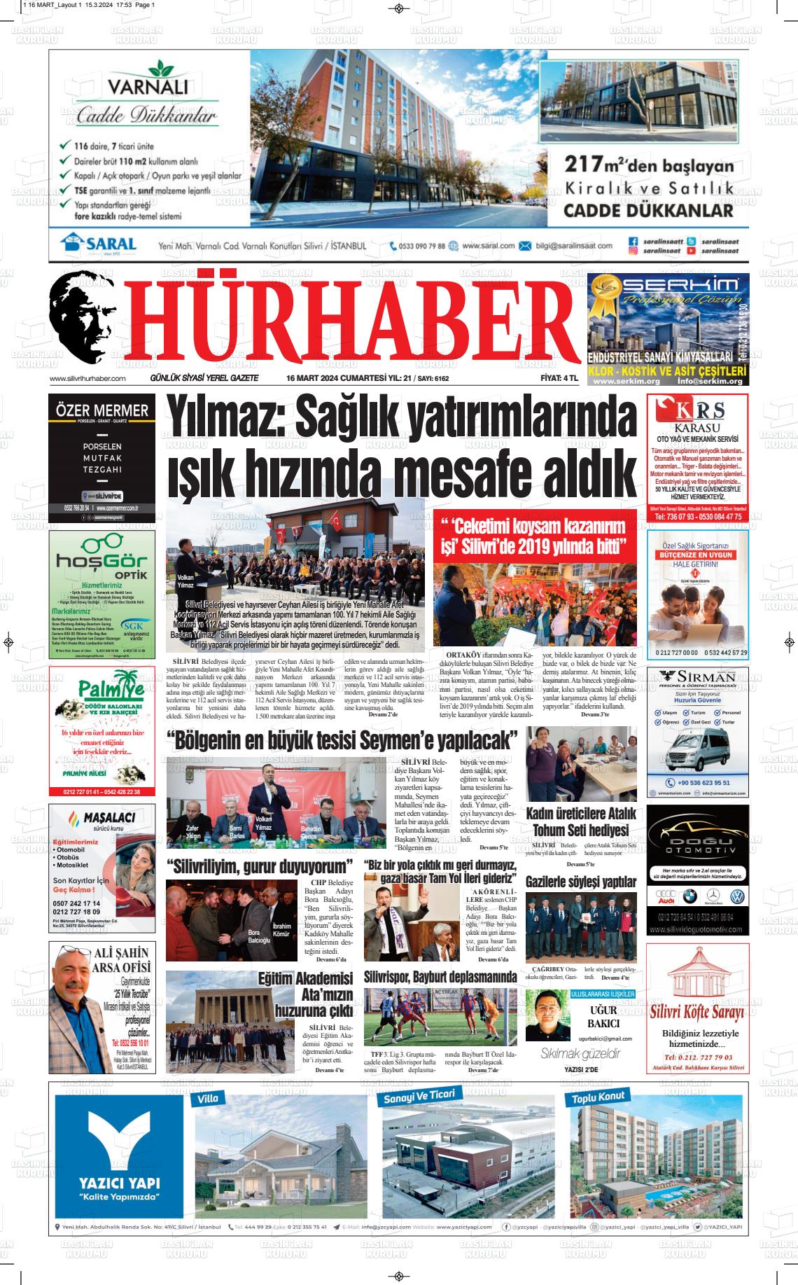 16 Mart 2024 Hürhaber Gazete Manşeti